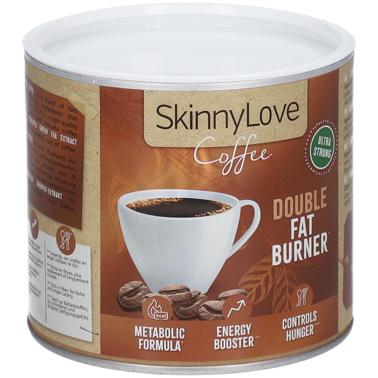 Dose SKINNYLOVE Kaffee Doppelte Fettverbrennung. Braune Dose mit weißem Deckel. Abbildung einer Kaffeetasse und Kaffeebohnen.