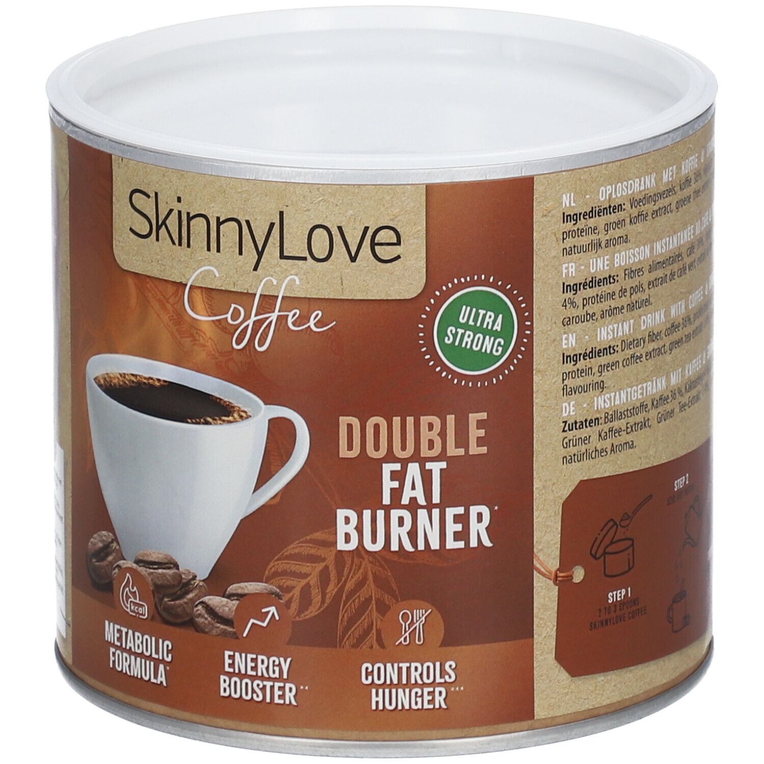 Dose SKINNYLOVE Kaffee Doppelte Fettverbrennung. Braune Dose mit weißem Deckel. Abbildung einer Kaffeetasse und Kaffeebohnen.