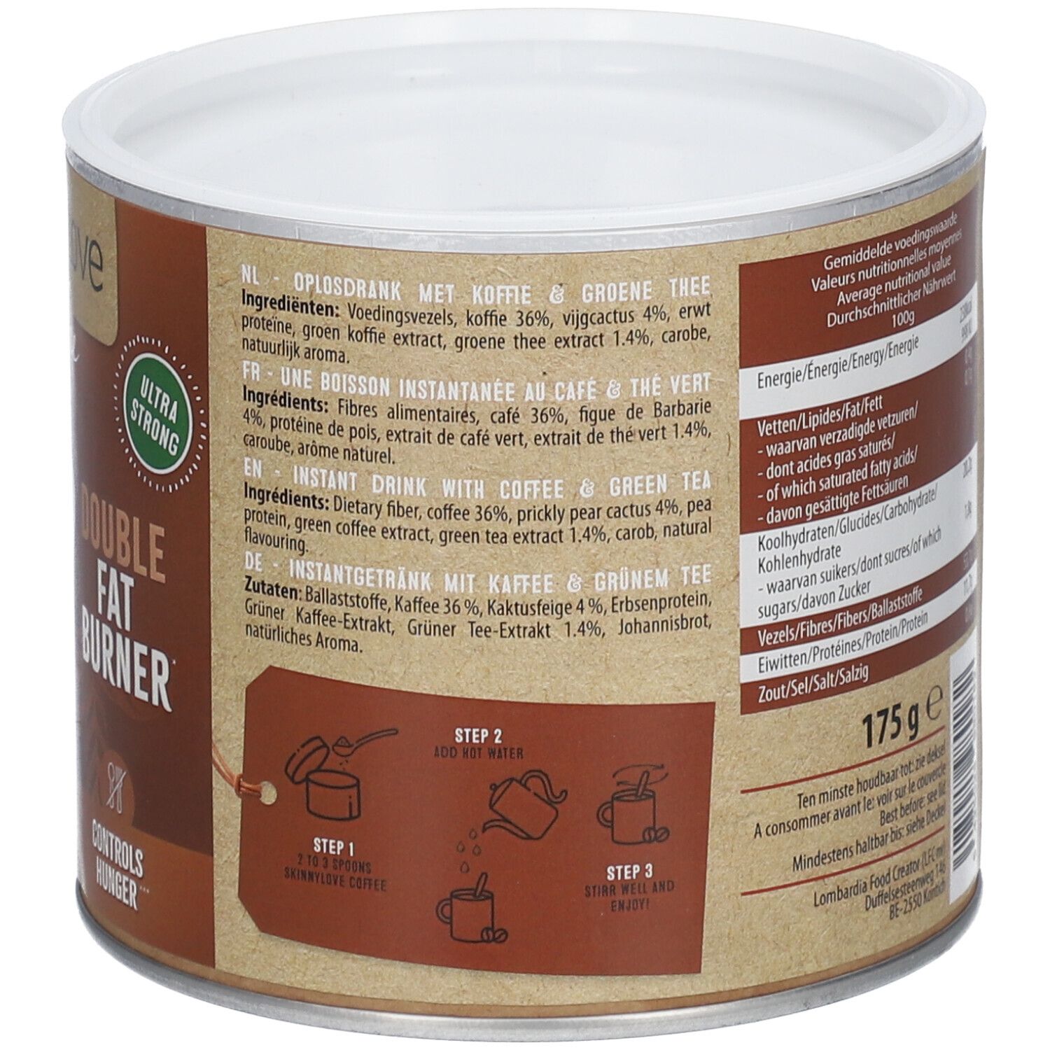 Rückseite der Dose SKINNYLOVE Kaffee Doppelte Fettverbrennung. Inhaltsstoffe, Zubereitungsschritte und Nährwertangaben.