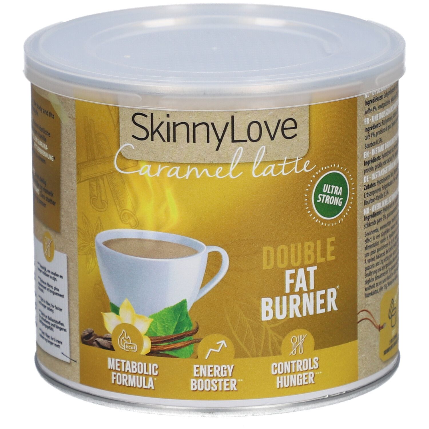 Boîte SkinnyLove Caramel Latte. Inscription: Double Fat Burner, Metabolic Formula, Energy Booster, Controls Hunger.