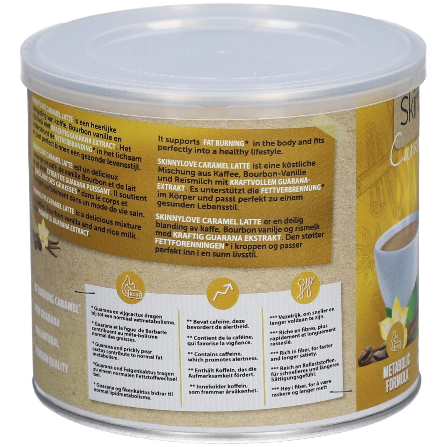 Dos de la boîte SkinnyLove Caramel Latte. Texte sur les ingrédients et les propriétés. Avec extrait de guarana.