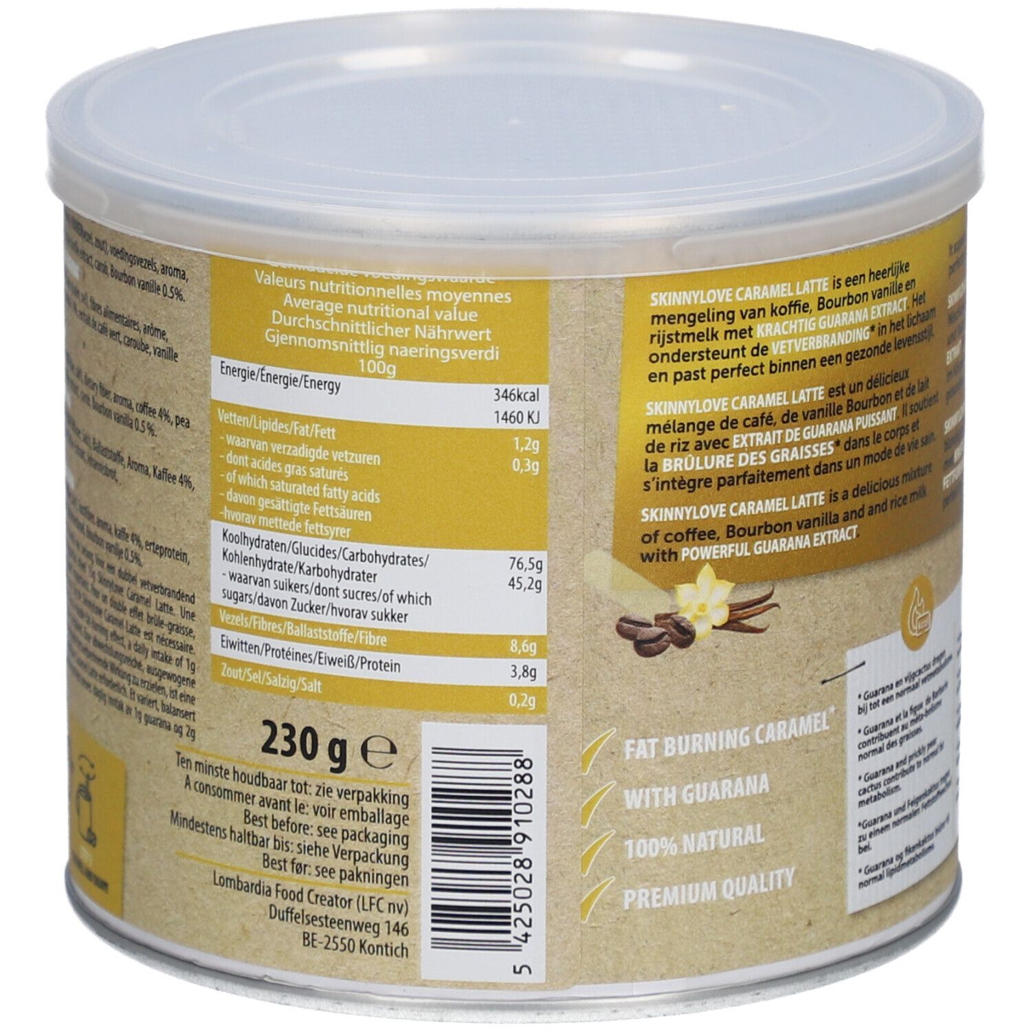 Boîte SkinnyLove Caramel Latte. Tableau nutritionnel. Contenu : 230 g. Avec inscription : Fat Burning Caramel, 100% Natural.