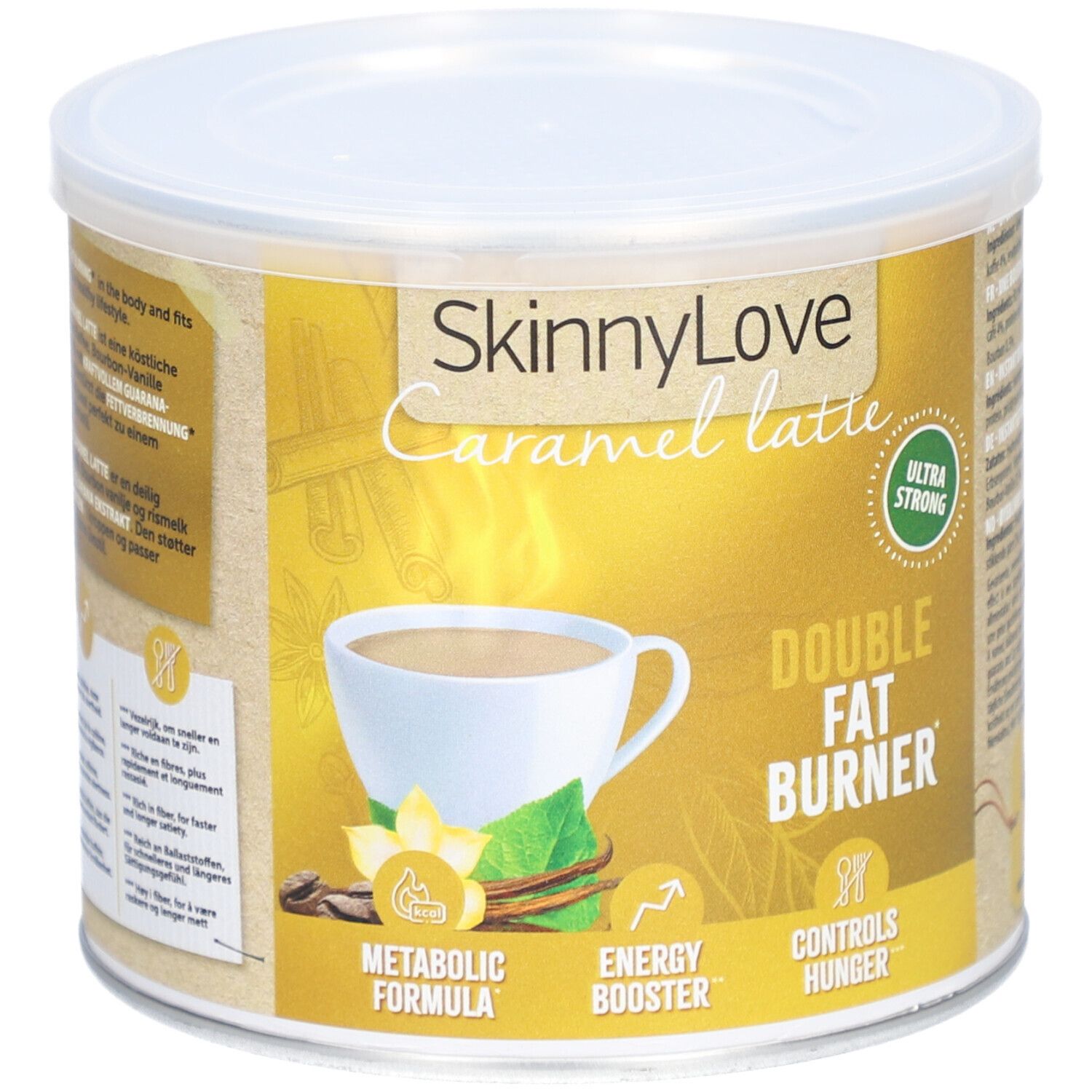 Boîte SkinnyLove Caramel Latte. Inscription: Double Fat Burner, Metabolic Formula, Energy Booster, Controls Hunger.