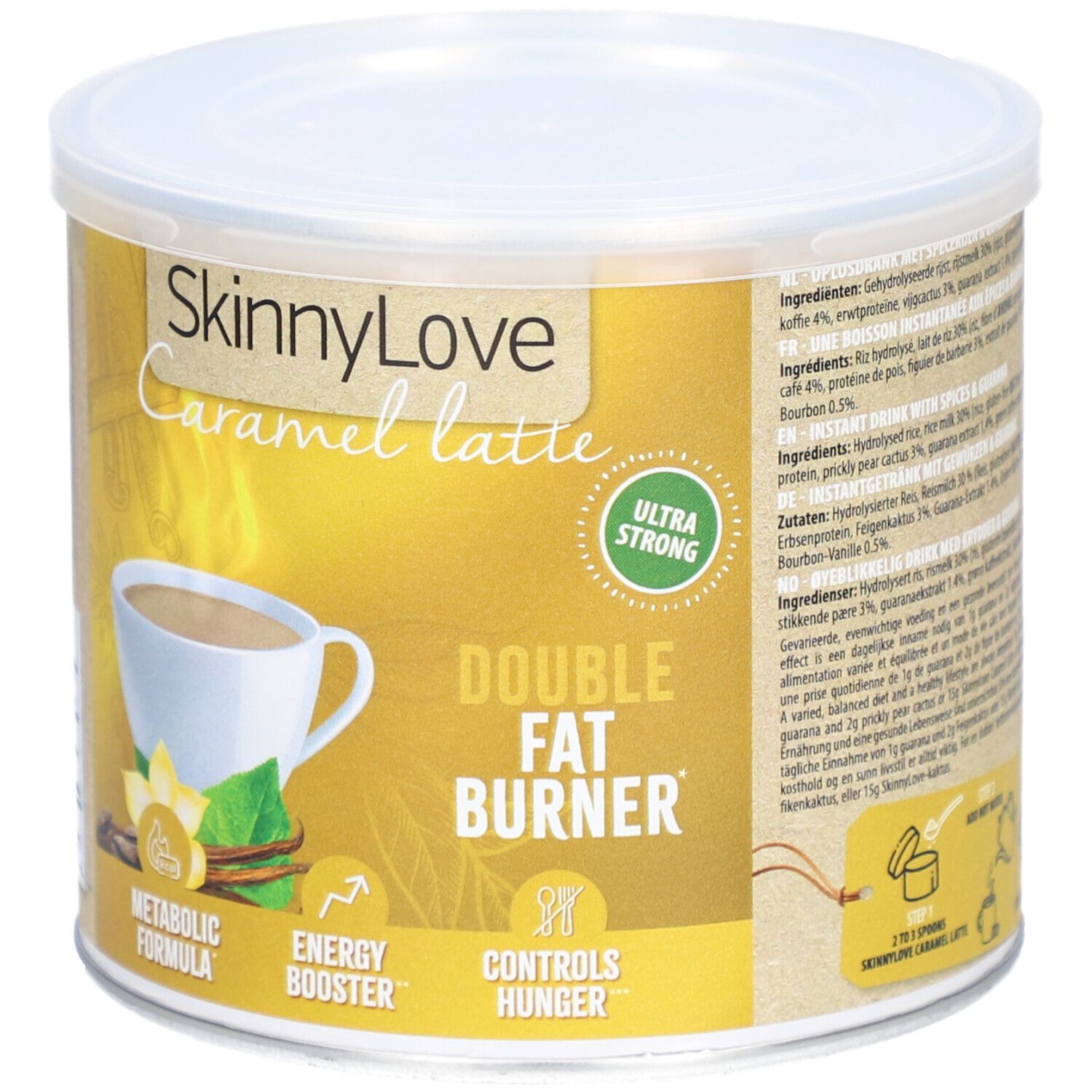 Boîte SkinnyLove Caramel Latte. Inscription: Double Fat Burner, Metabolic Formula, Energy Booster, Controls Hunger. Liste des ingrédients.