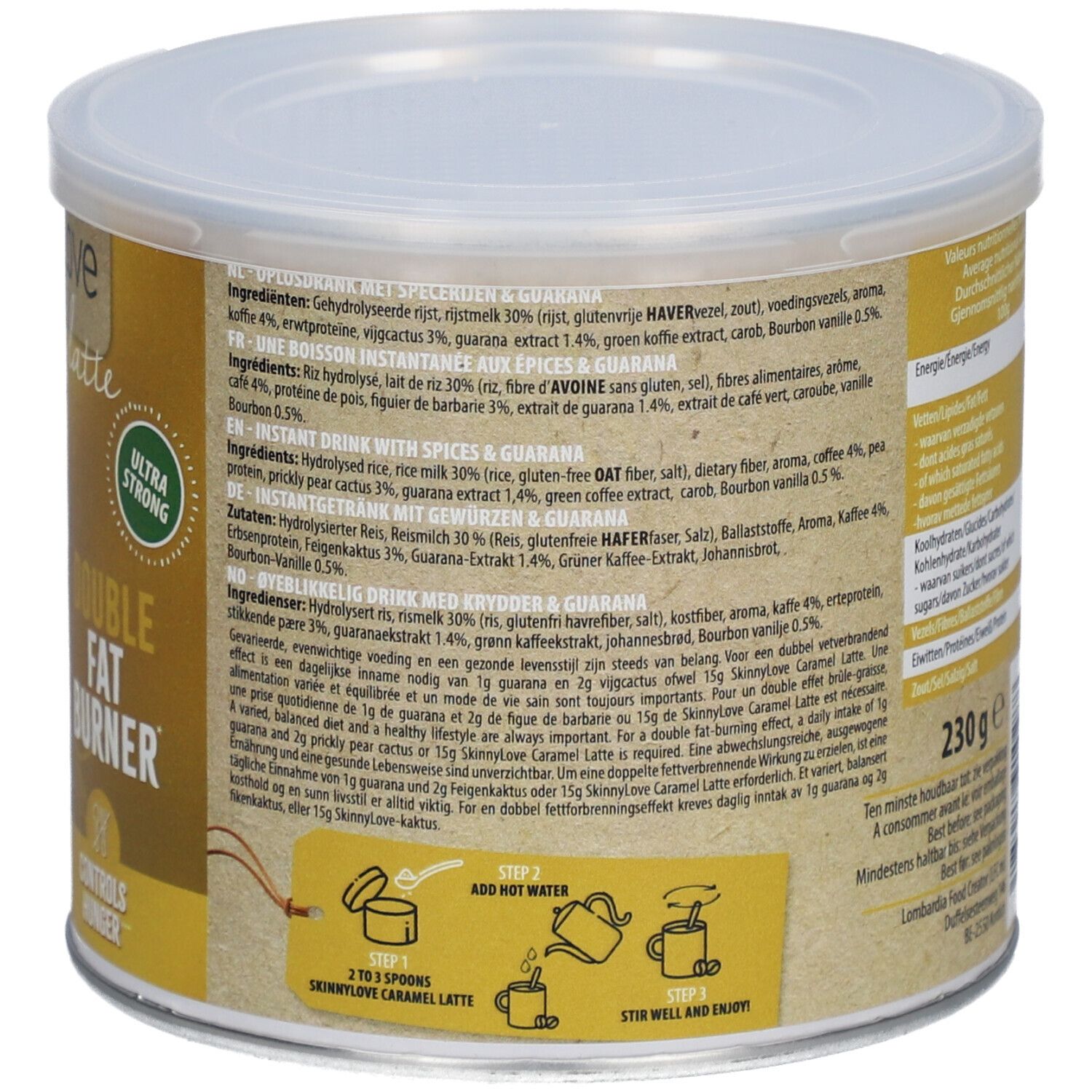 Dos de la boîte SkinnyLove Caramel Latte. Instructions de préparation. Contenu : 230 g. Avec inscription : 2-3 cuillères, eau chaude, mélanger.