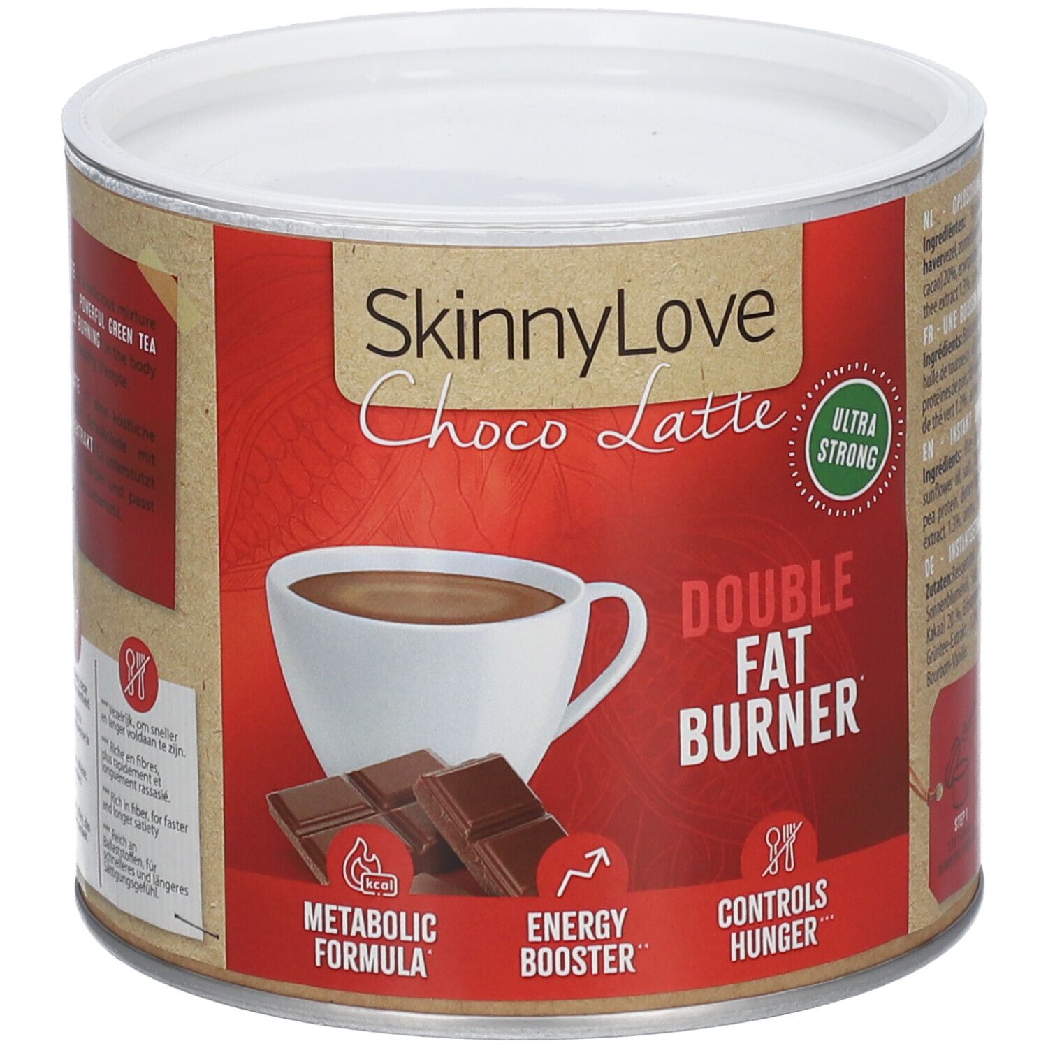 Boîte SKINNYLOVE Choco Latte Double Brûleur de Graisse. Emballage rouge avec image et texte du produit. Couvercle blanc.