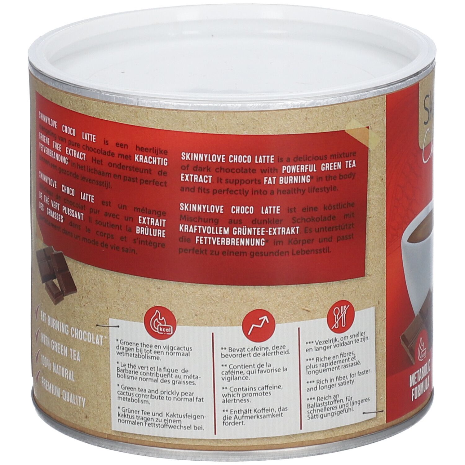 Dos de la boîte SKINNYLOVE Choco Latte. Texte en plusieurs langues. Fond marron. Couvercle blanc.