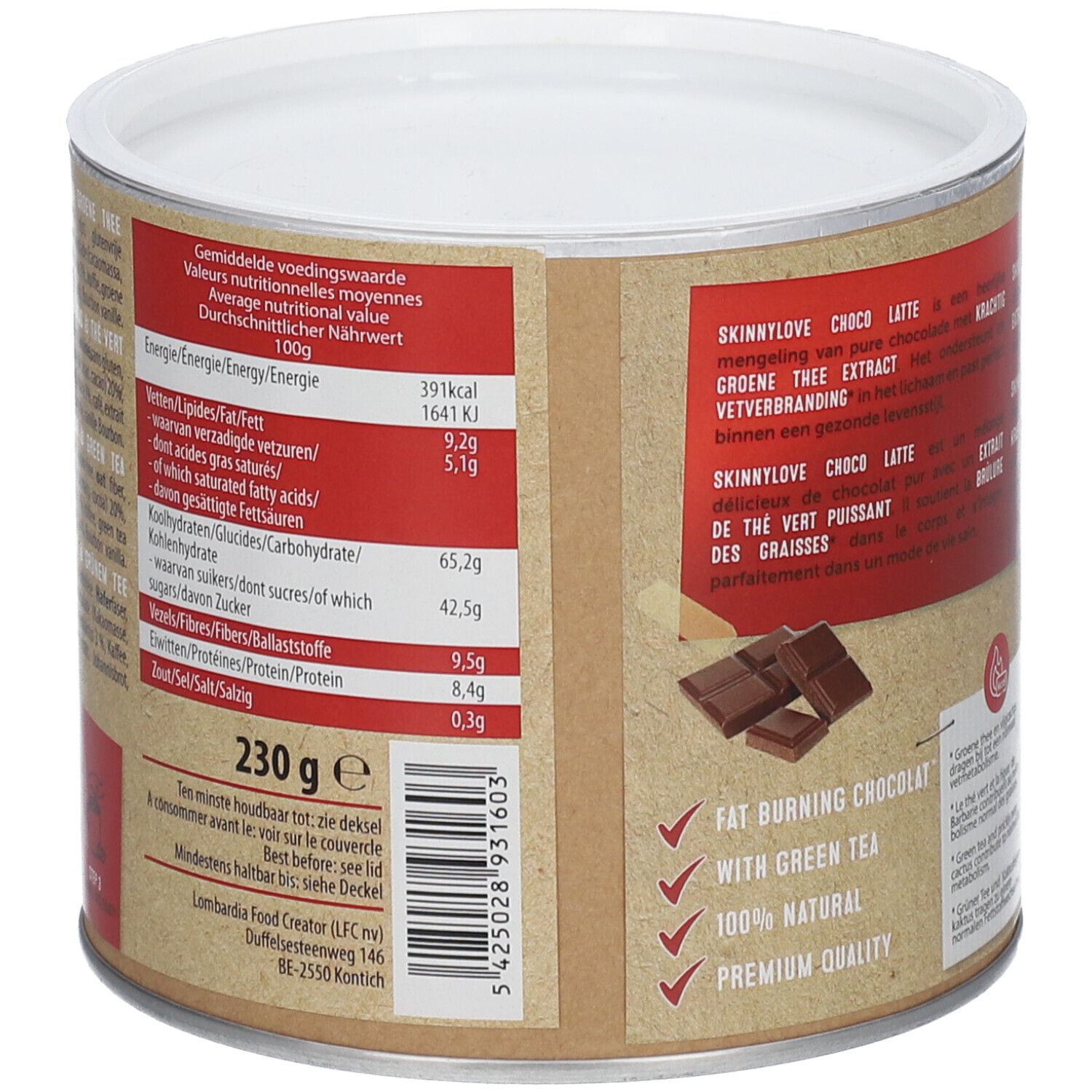 Boîte SKINNYLOVE Choco Latte. Informations nutritionnelles et texte. Fond marron. Couvercle blanc. 230g.