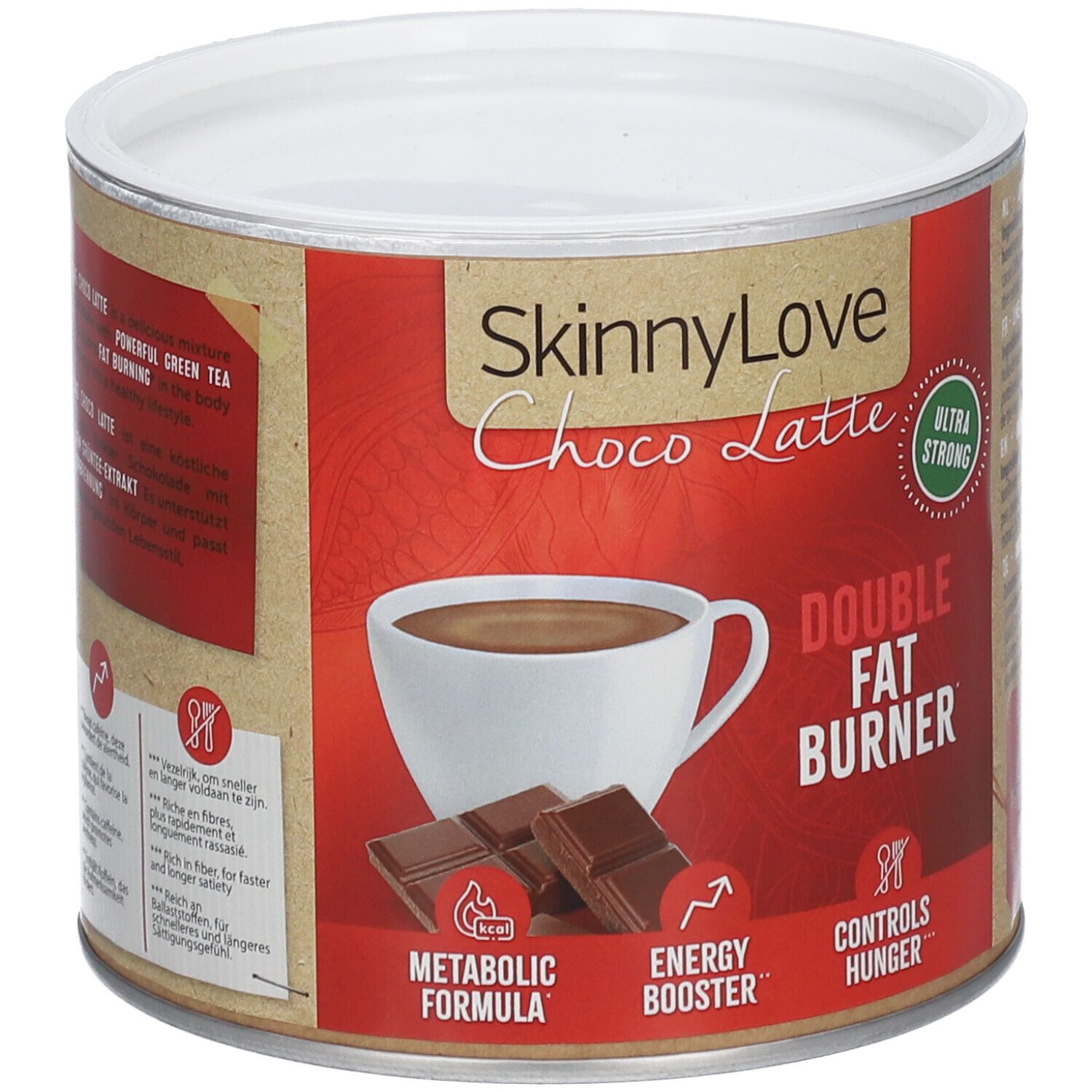 Boîte SKINNYLOVE Choco Latte Double Brûleur de Graisse. Emballage rouge avec image et texte du produit. Couvercle blanc.