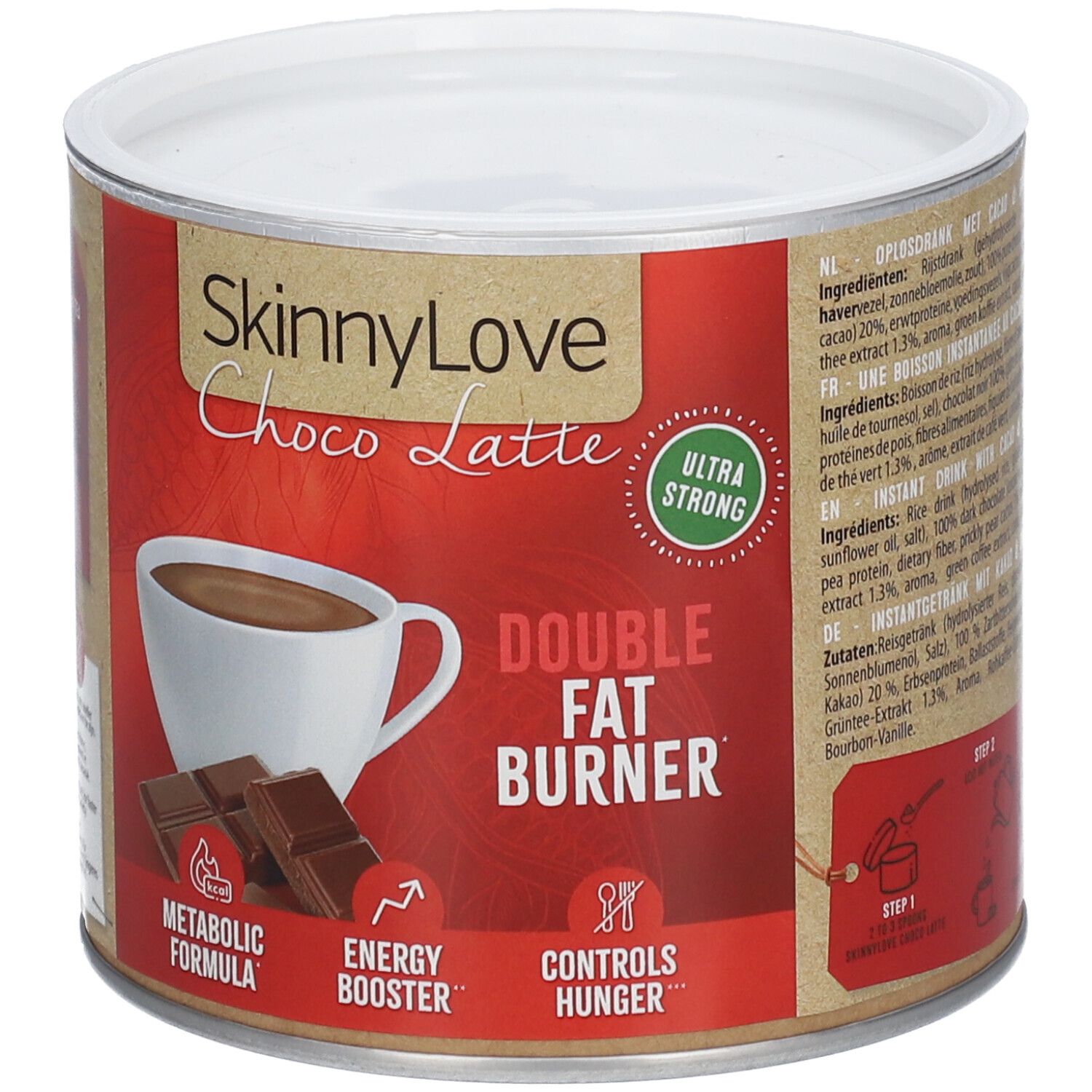 Boîte SKINNYLOVE Choco Latte Double Brûleur de Graisse. Emballage rouge avec image et texte du produit. Couvercle blanc.