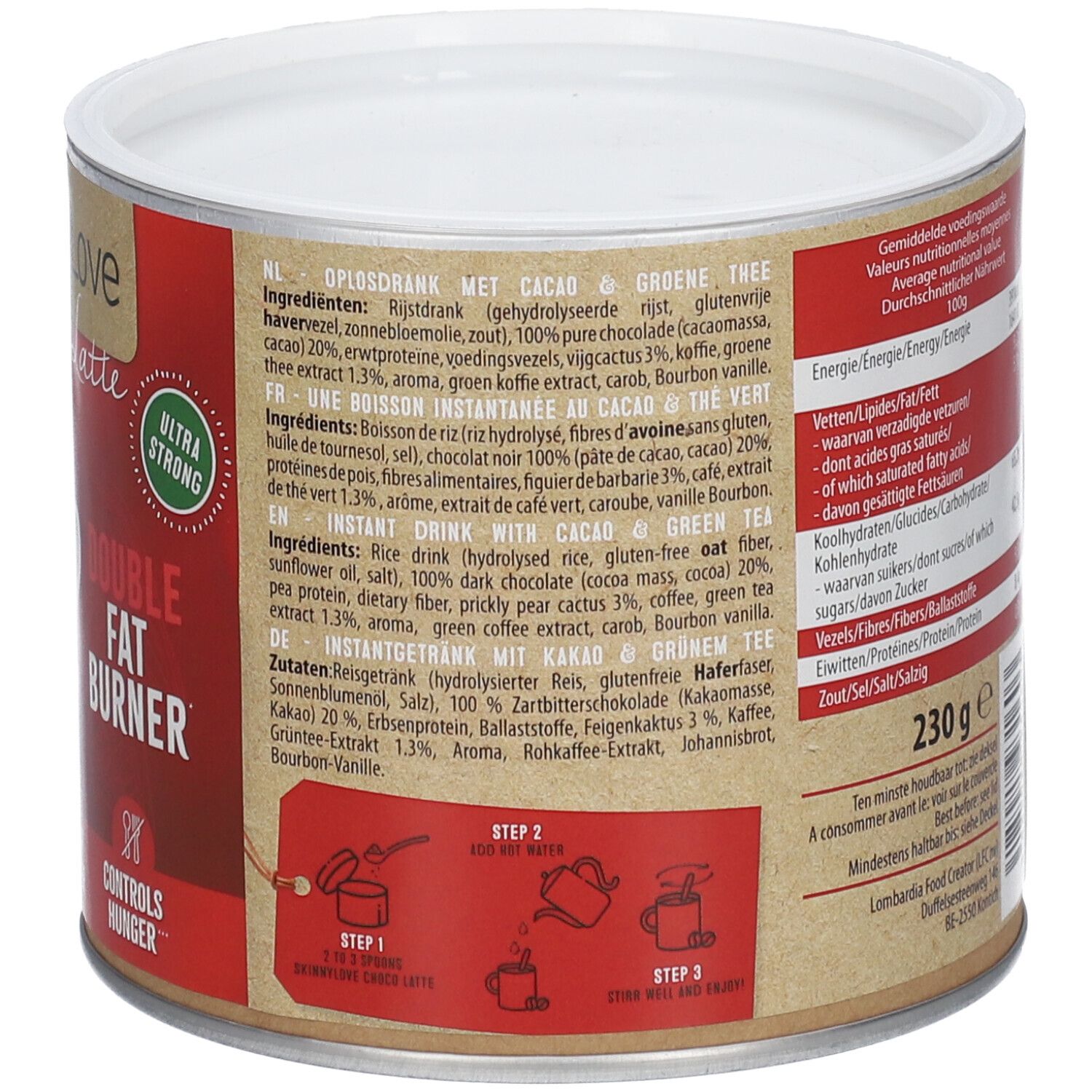 Dos de la boîte SKINNYLOVE Choco Latte. Liste des ingrédients et instructions de préparation. Fond marron. Couvercle blanc. 230g.