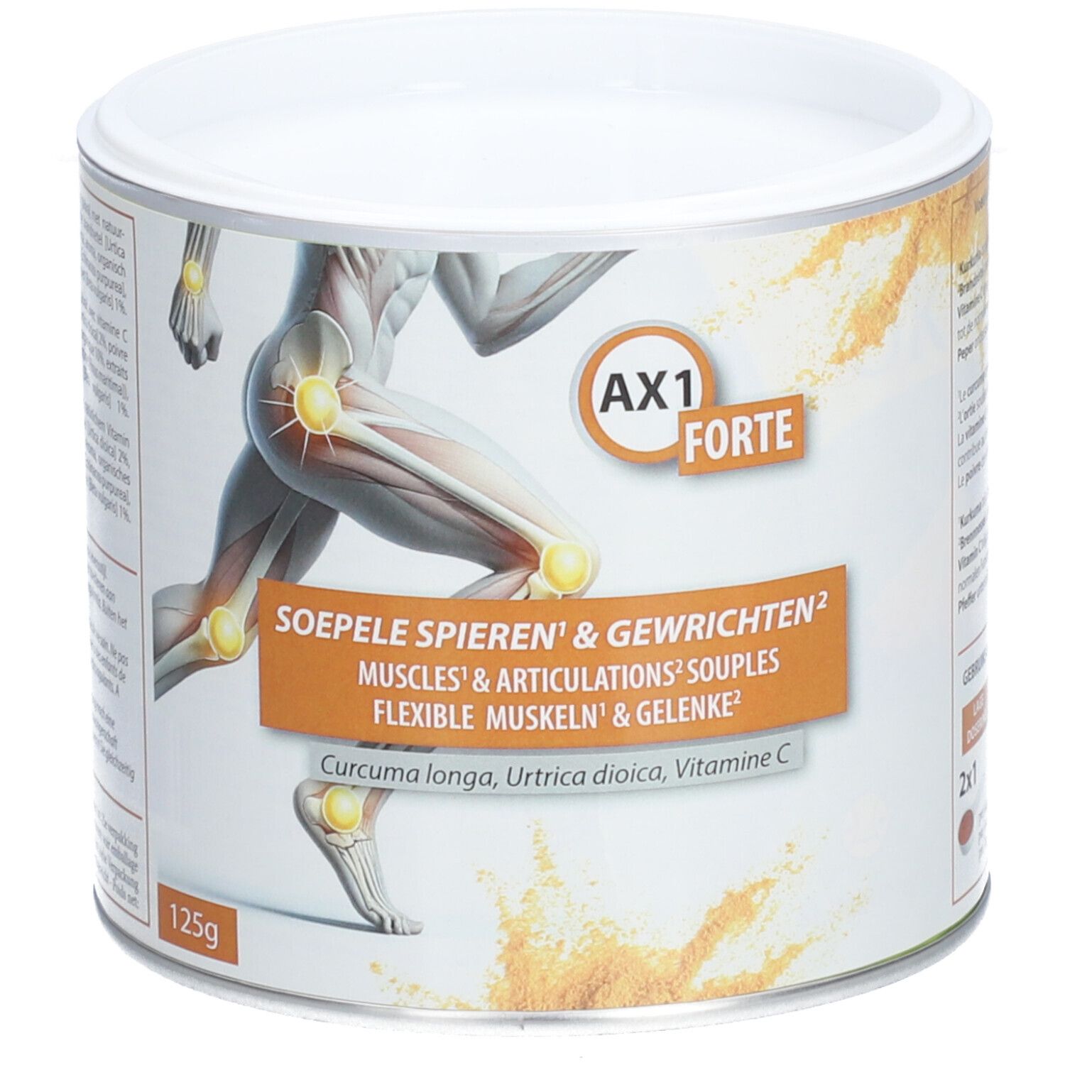 Dose AX1 Forte, 125g. Abbildung eines Läufers mit hervorgehobenen Gelenken. Text: Soepele Spieren & Gewrichten.