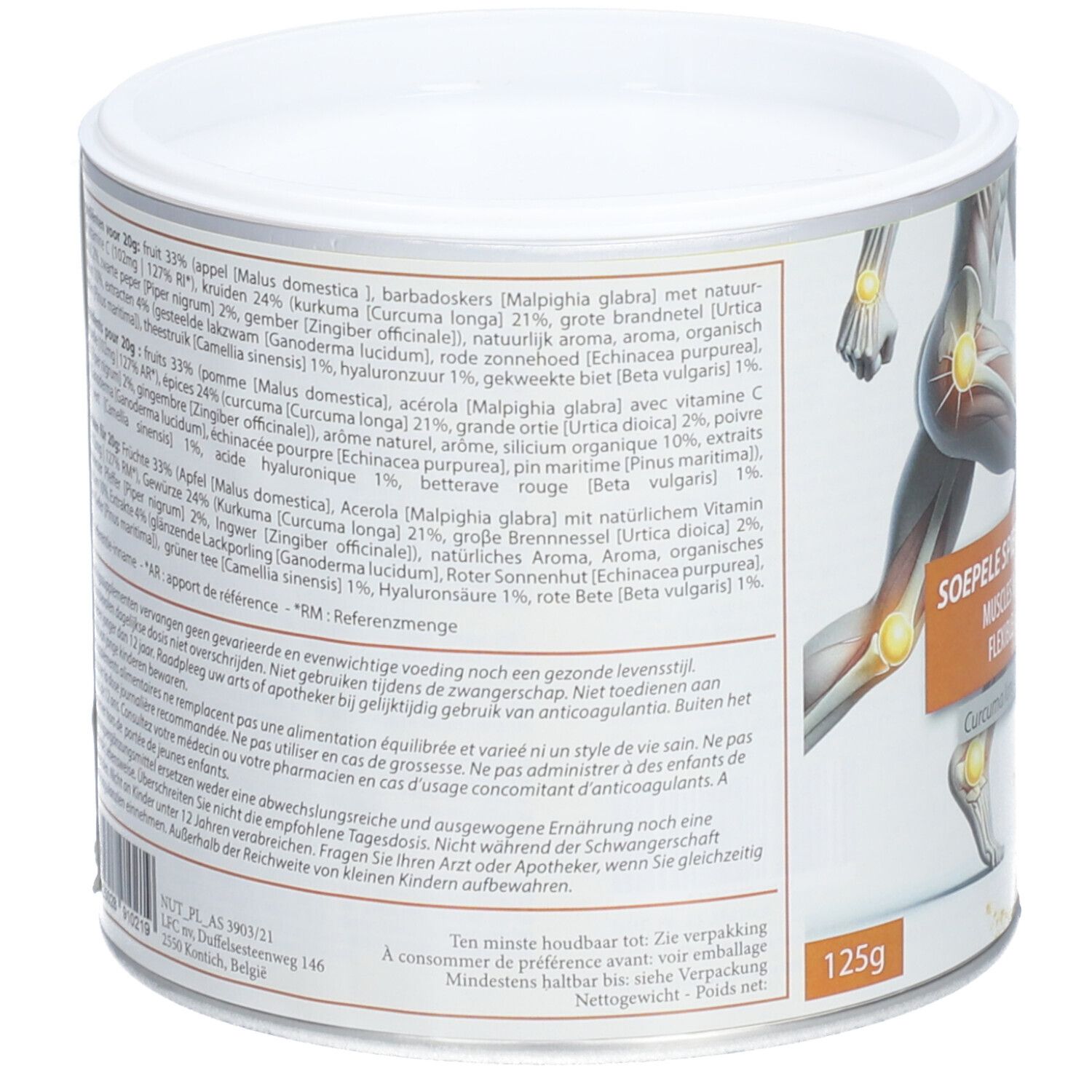 Dose mit Inhaltsstoffen und Nährwertangaben. Text: Soepele Spieren & Gewrichten. 125g. Mindestens haltbar bis...