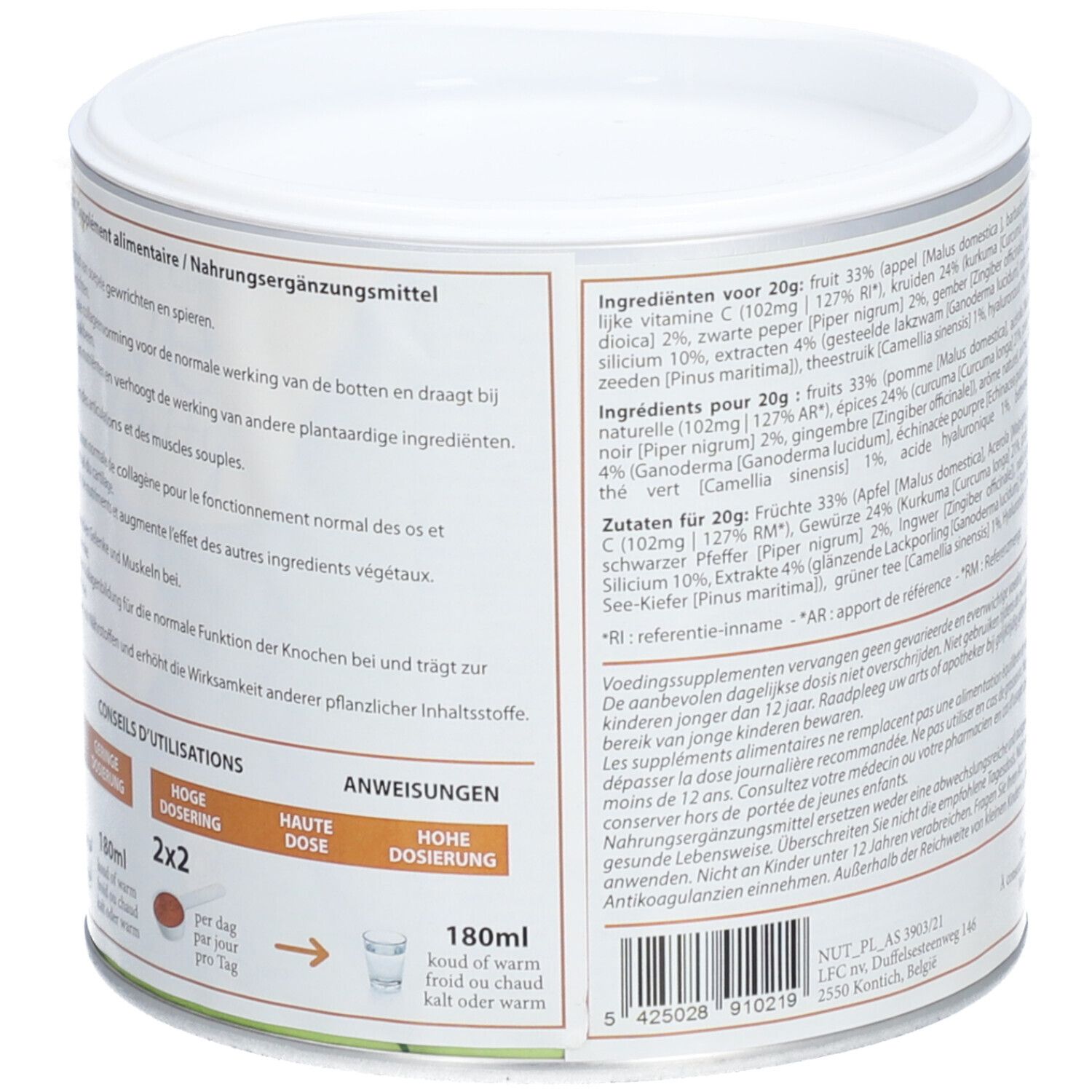 Dose mit Anweisungen. Text: Nahrungsergänzungsmittel. Dosierung: 2x2. 180ml kalt oder warm. Hinweise.