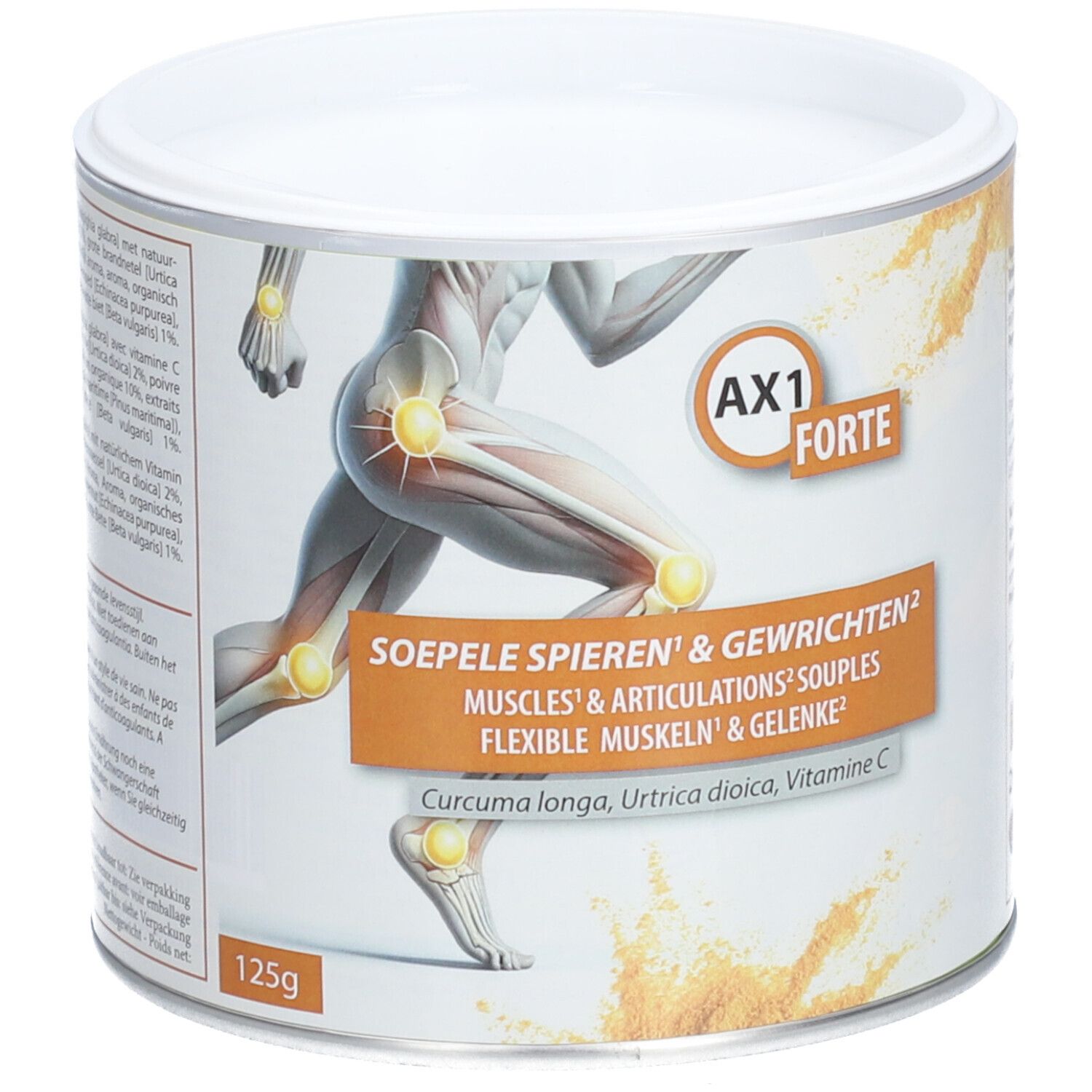 Dose AX1 Forte, 125g. Abbildung eines Läufers mit hervorgehobenen Gelenken. Text: Soepele Spieren & Gewrichten.