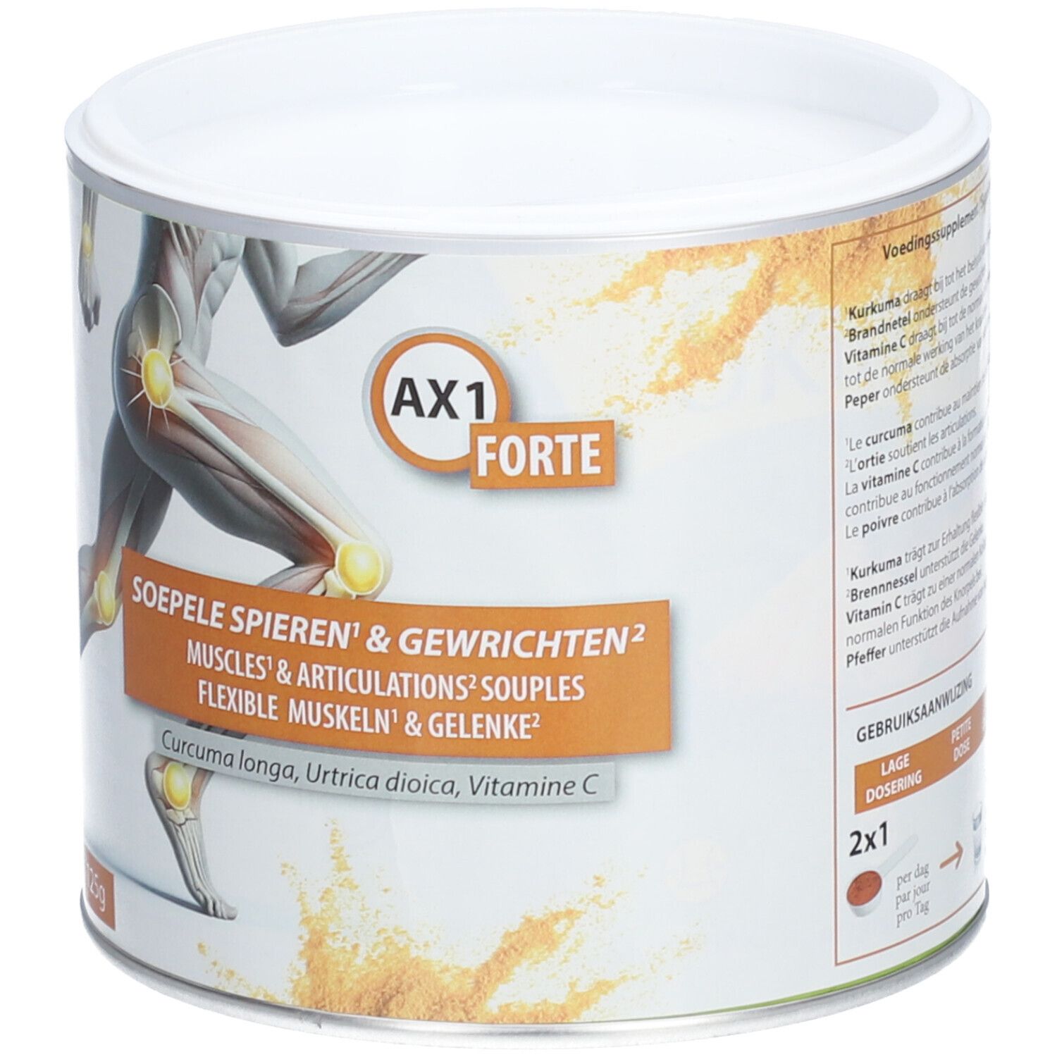 Dose AX1 Forte. Text: Soepele Spieren & Gewrichten. Dosierung: 2x1. Abbildung eines roten Pulvers.
