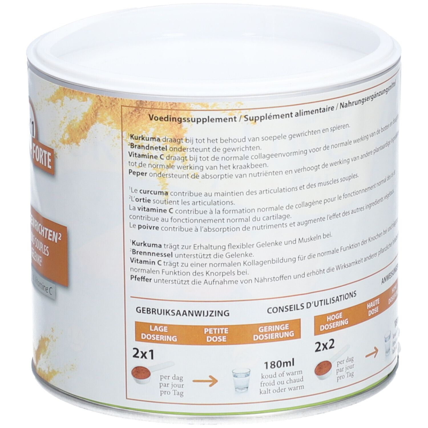 Dose AX1 Forte. Text: Soepele Spieren & Gewrichten. Dosierung: 2x1 und 2x2. Abbildung eines roten Pulvers.