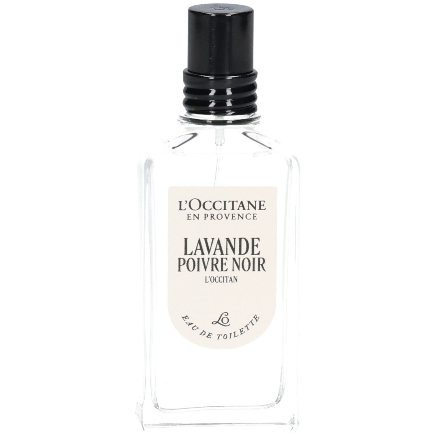 L'OCCITANE Eau de Toilette Lavande Poivre Noir in klarer Glasflasche mit schwarzem Zerstäuber.