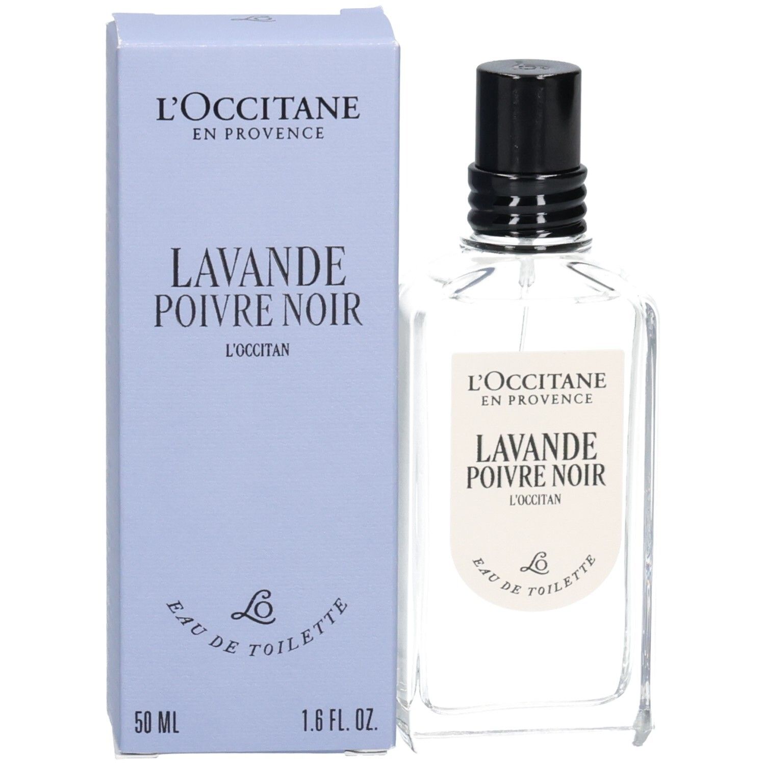 L'OCCITANE Eau de Toilette Lavande Poivre Noir Flasche neben der passenden hellblauen Faltschachtel.
