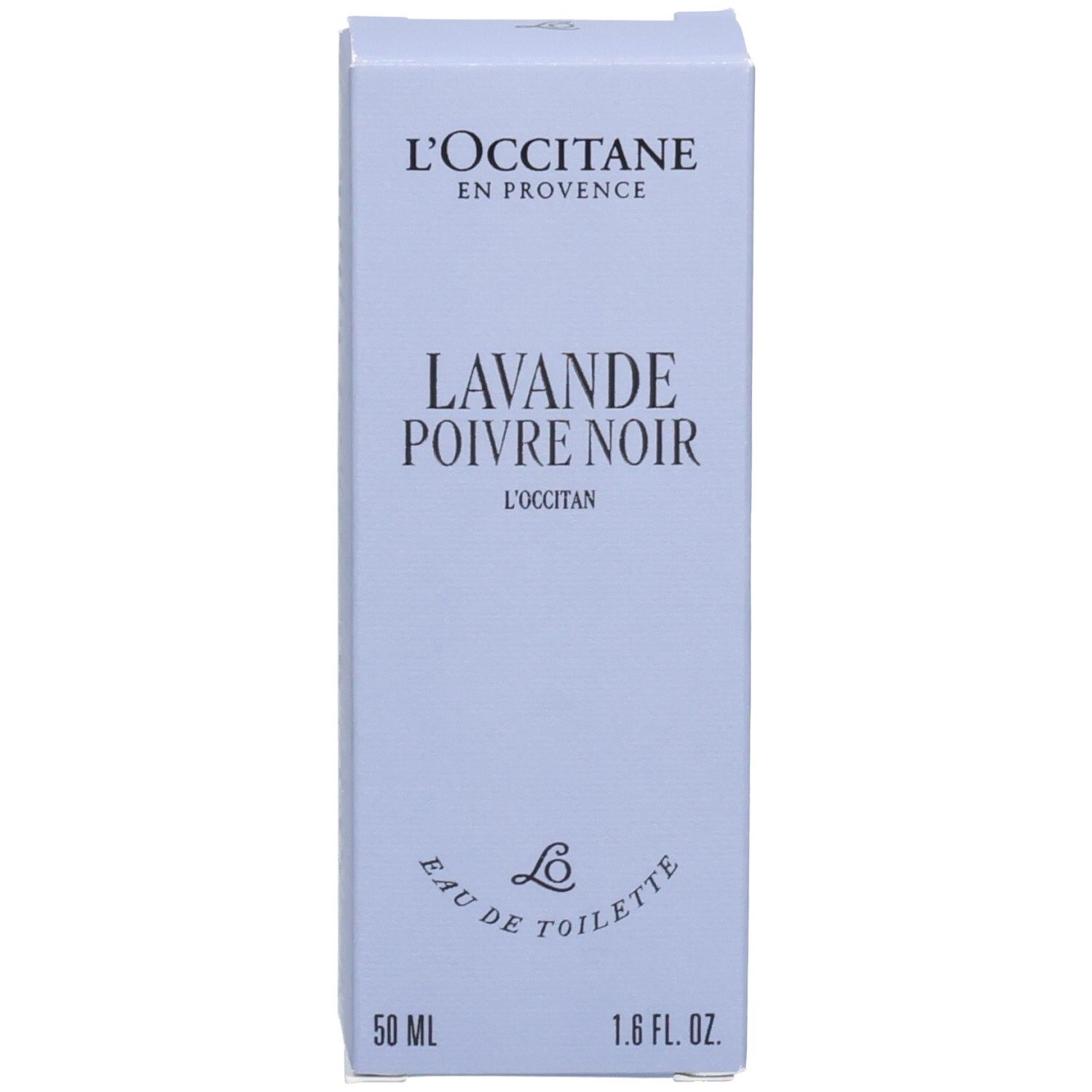 Hellblaue Faltschachtel für L'OCCITANE Eau de Toilette Lavande Poivre Noir, Vorderseite.