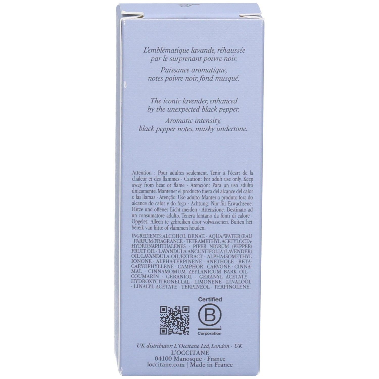 Rückseite der L'OCCITANE Eau de Toilette Lavande Poivre Noir Faltschachtel mit Produktinformationen.