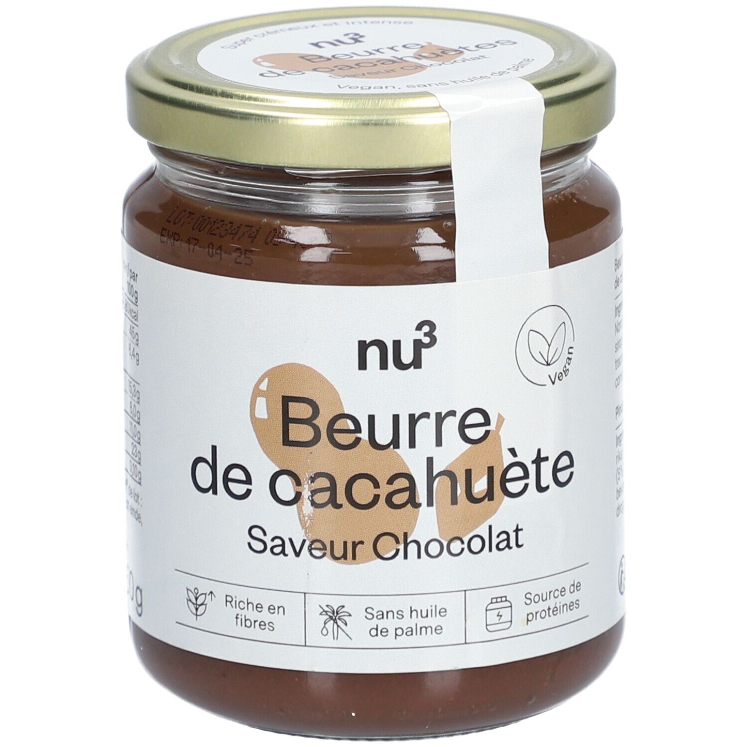 Pot nu3 Beurre de cacahuète saveur chocolat, 250g. Avec image d'arachide et de cacao.