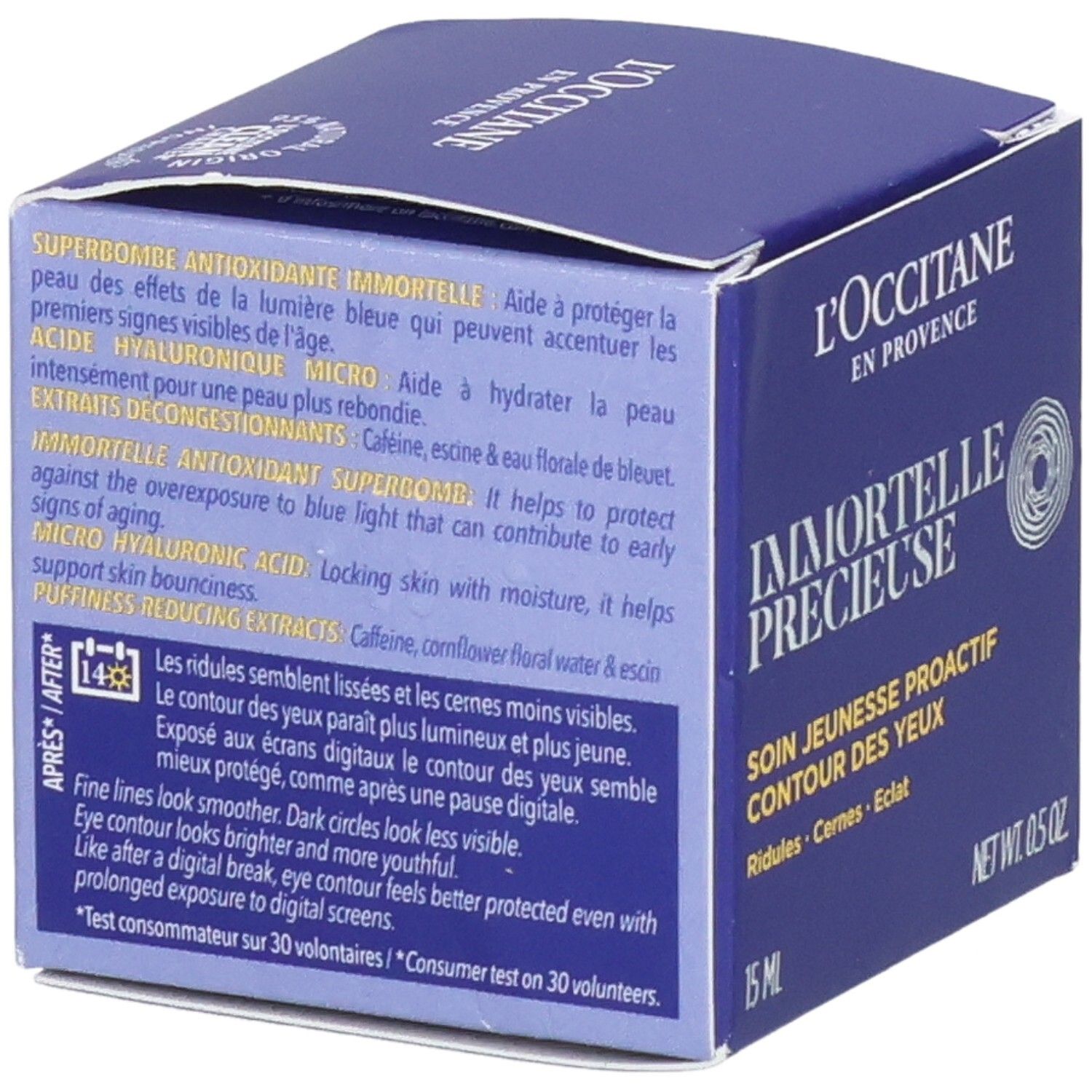 L'Occitane Immortelle Précieuse Augencreme-Verpackung, Rückseite mit Inhaltsstoffen und Anwendungshinweisen.