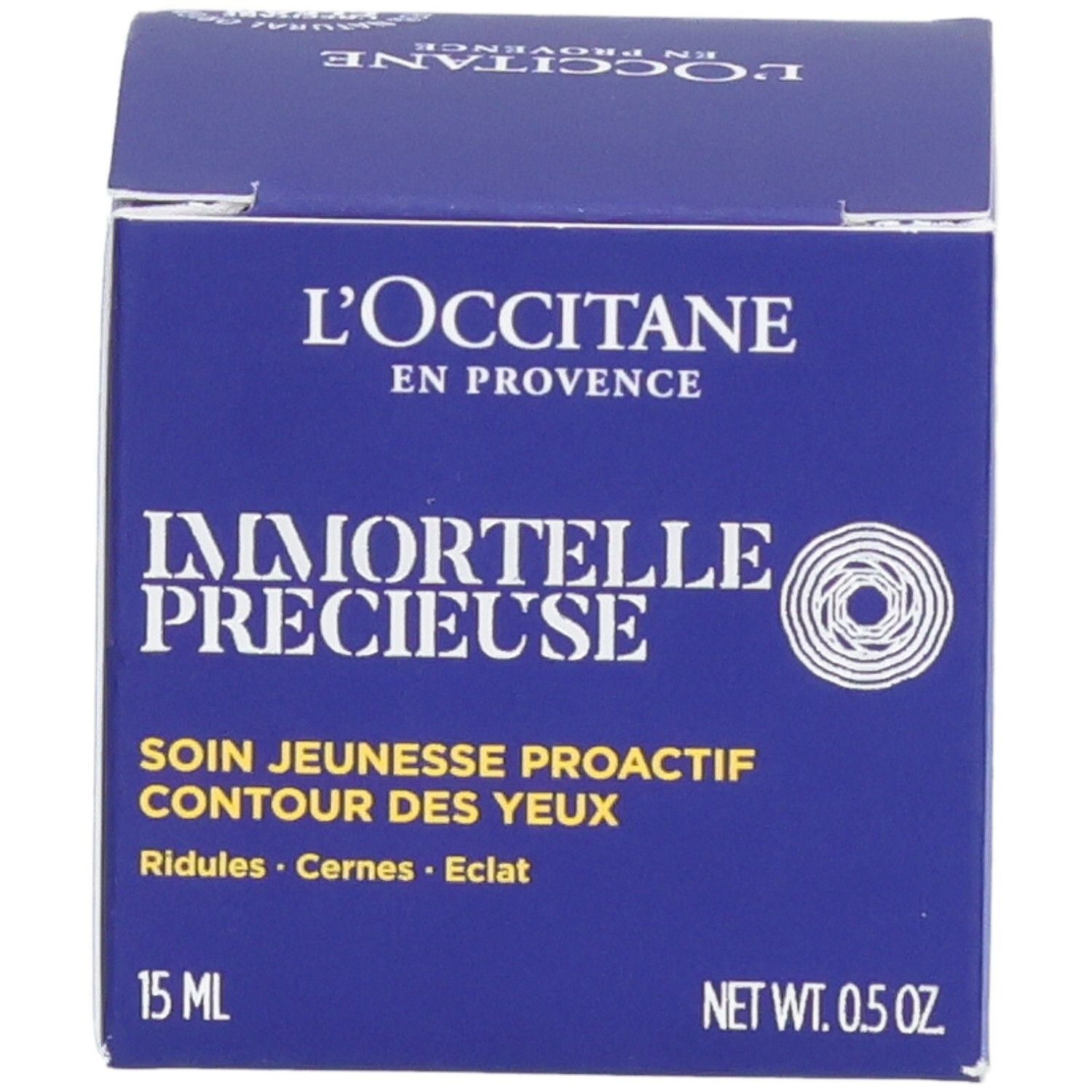 L'Occitane Immortelle Précieuse Augencreme-Verpackung, 15ml, mit Siegel "Tested under ophthalmological supervision".