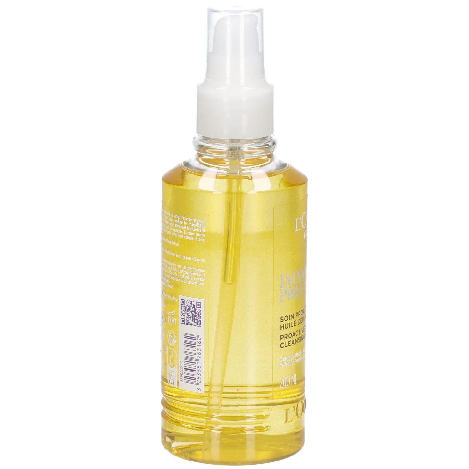 Rückseite L'OCCITANE Immortelle Reinigungsöl in klarer Sprühflasche mit gelbem Öl.