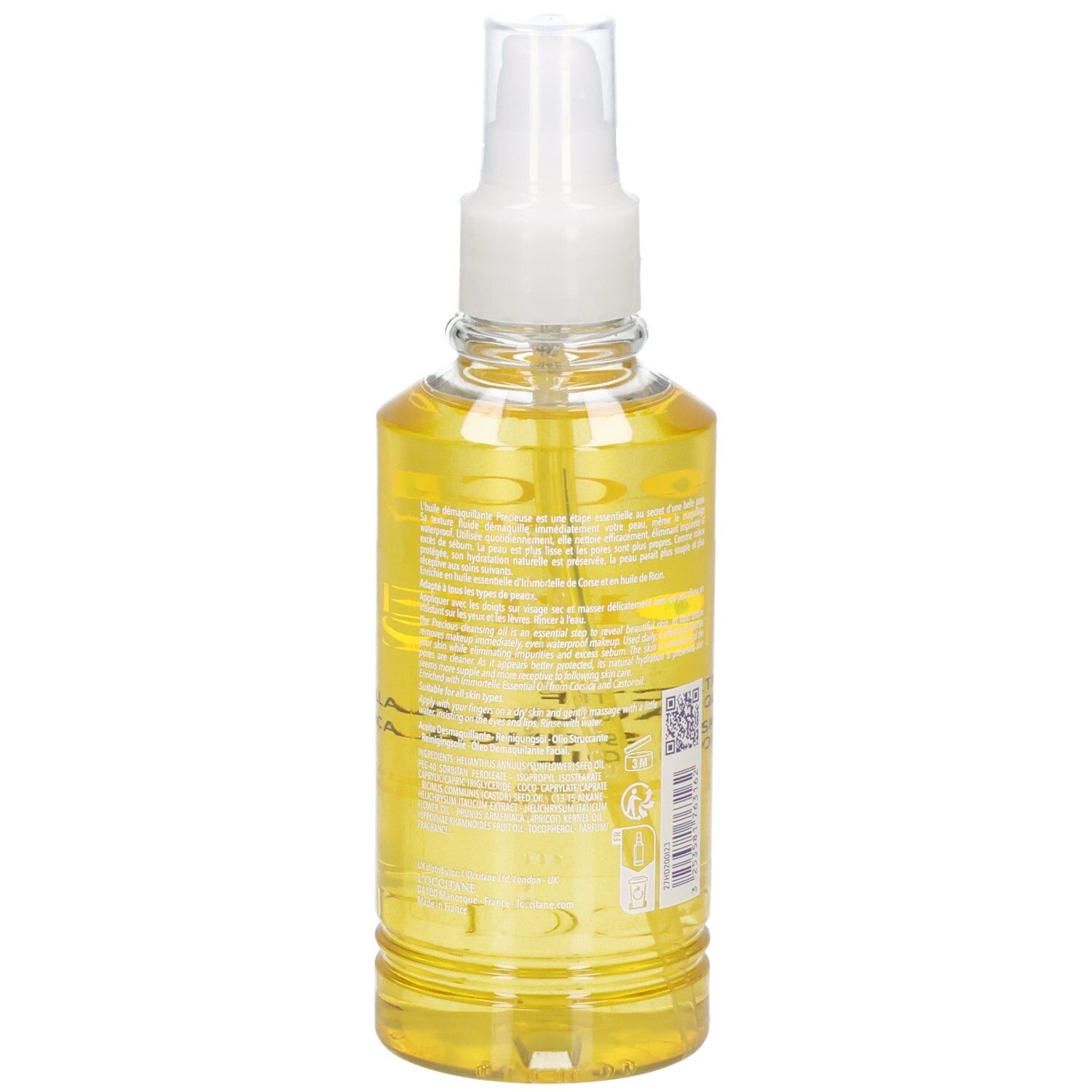 Rückseite L'OCCITANE Immortelle Reinigungsöl in klarer Sprühflasche mit gelbem Öl.