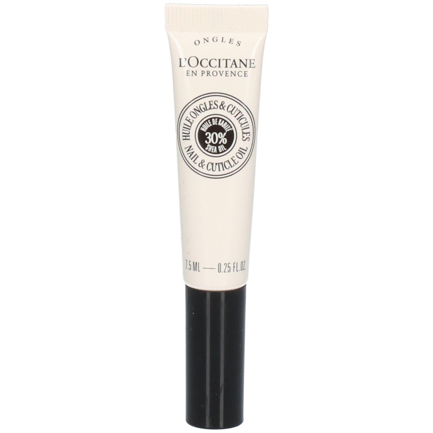 L'OCCITANE Nagellack & Nagelhautöl Tube mit schwarzem Verschluss. Enthält 30% Sheabutter.