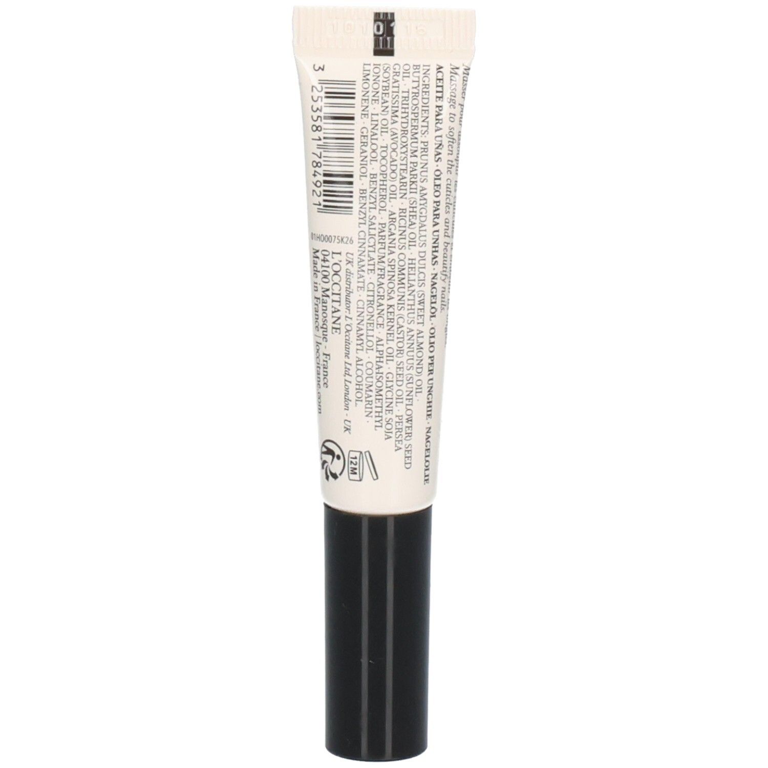 Rückseite der L'OCCITANE Nagellack & Nagelhautöl Tube mit Inhaltsstoffen und Herkunftsangaben.