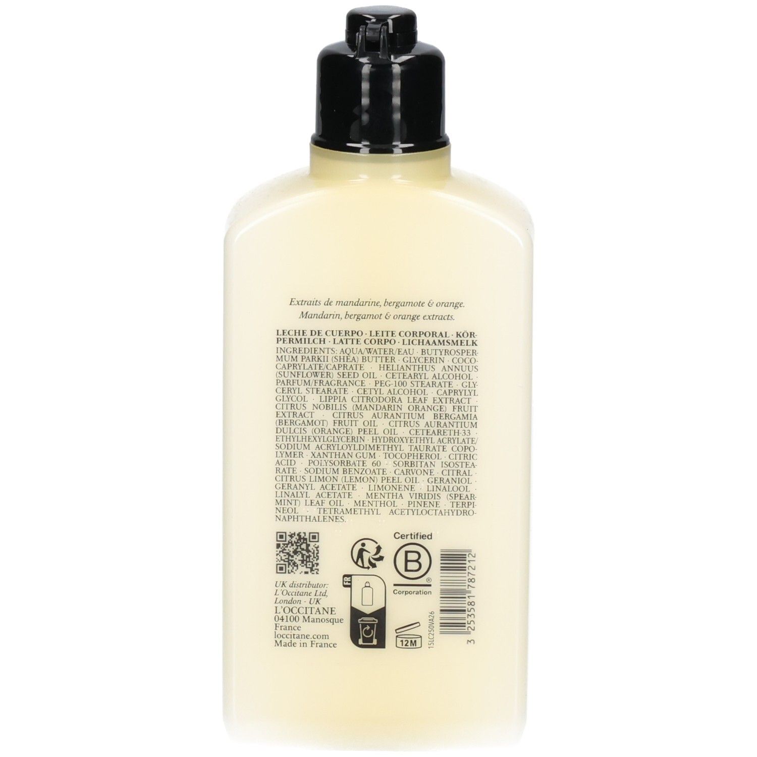 Rückseite der L'Occitane Körperlotion mit Inhaltsstoffen und Zertifizierungen.