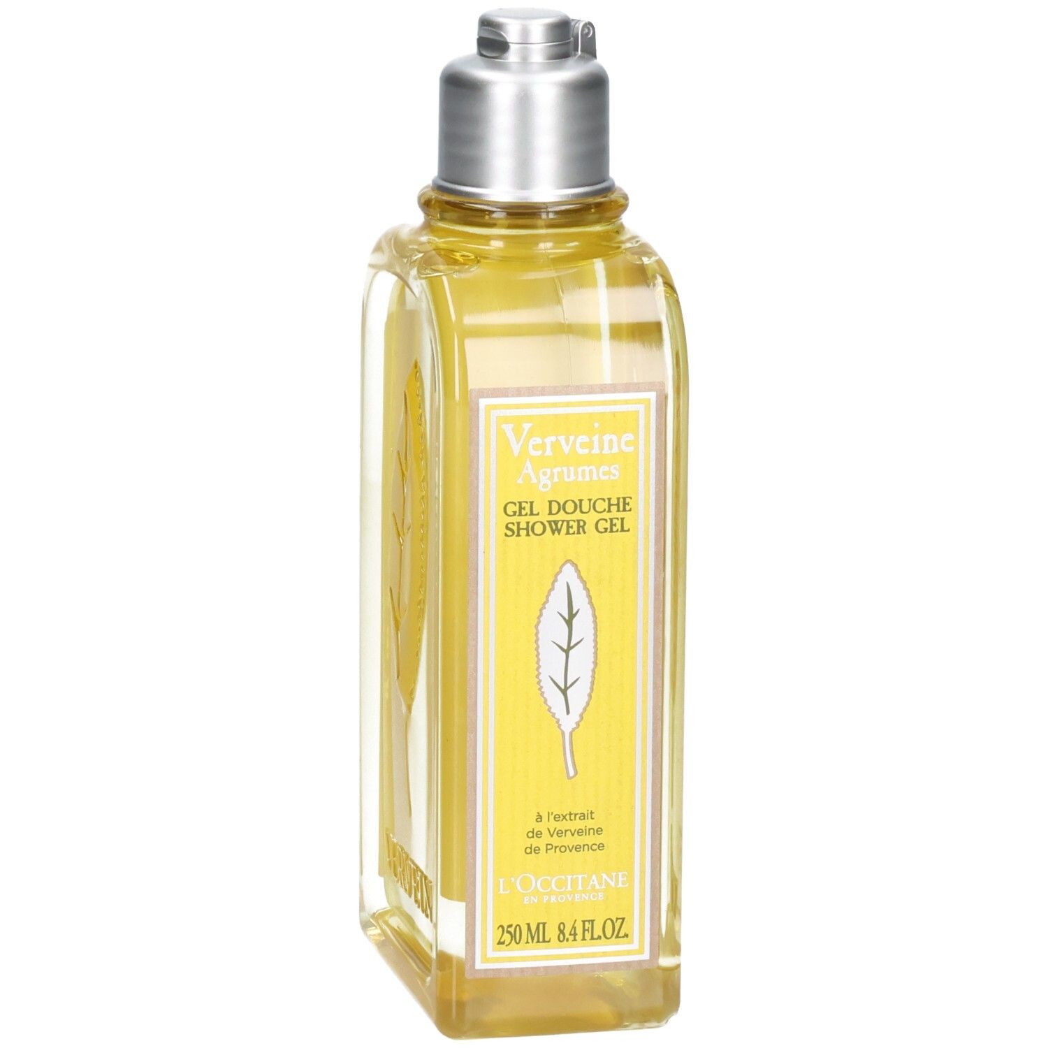 L'OCCITANE Duschgel mit silbernem Verschluss und gelber Flüssigkeit. Vorderseite mit Blattmotiv und Produktinformationen.