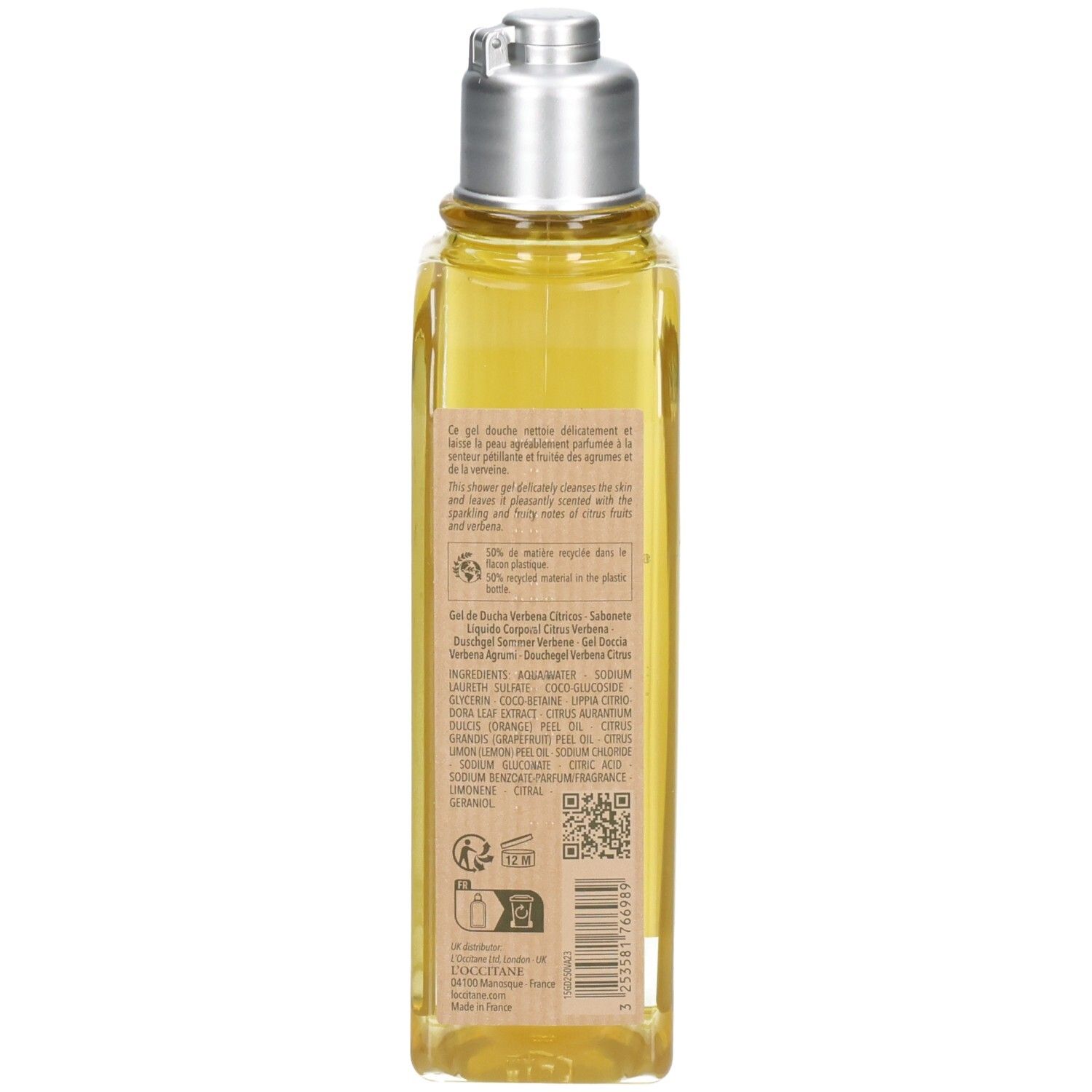 Rückseite einer L'OCCITANE Duschgel-Flasche mit detaillierten Produktinformationen und QR-Code.