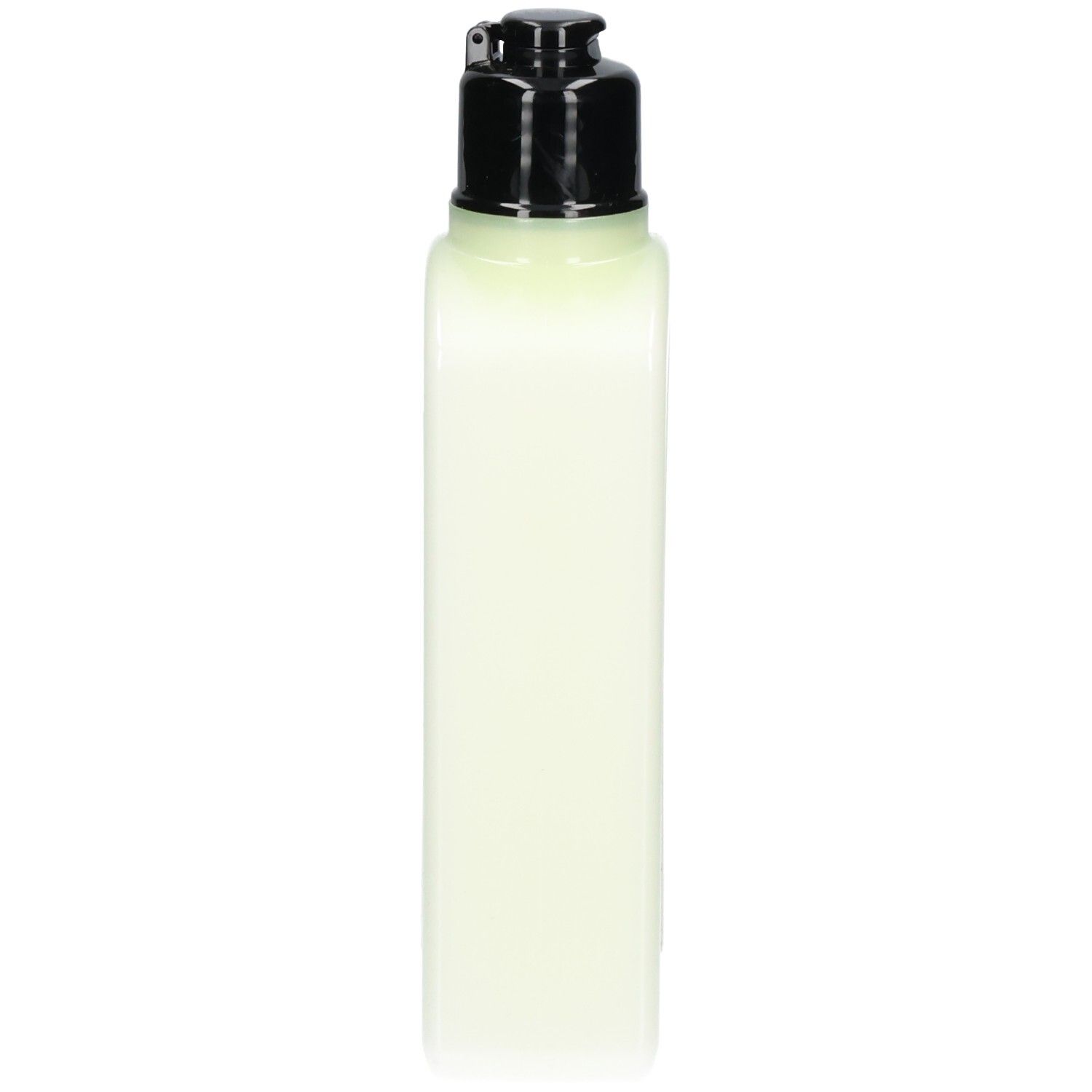 Rückansicht eines hellgrünen Flakons mit schwarzem Pumpspender, L'Occitane Verveine Körperlotion.