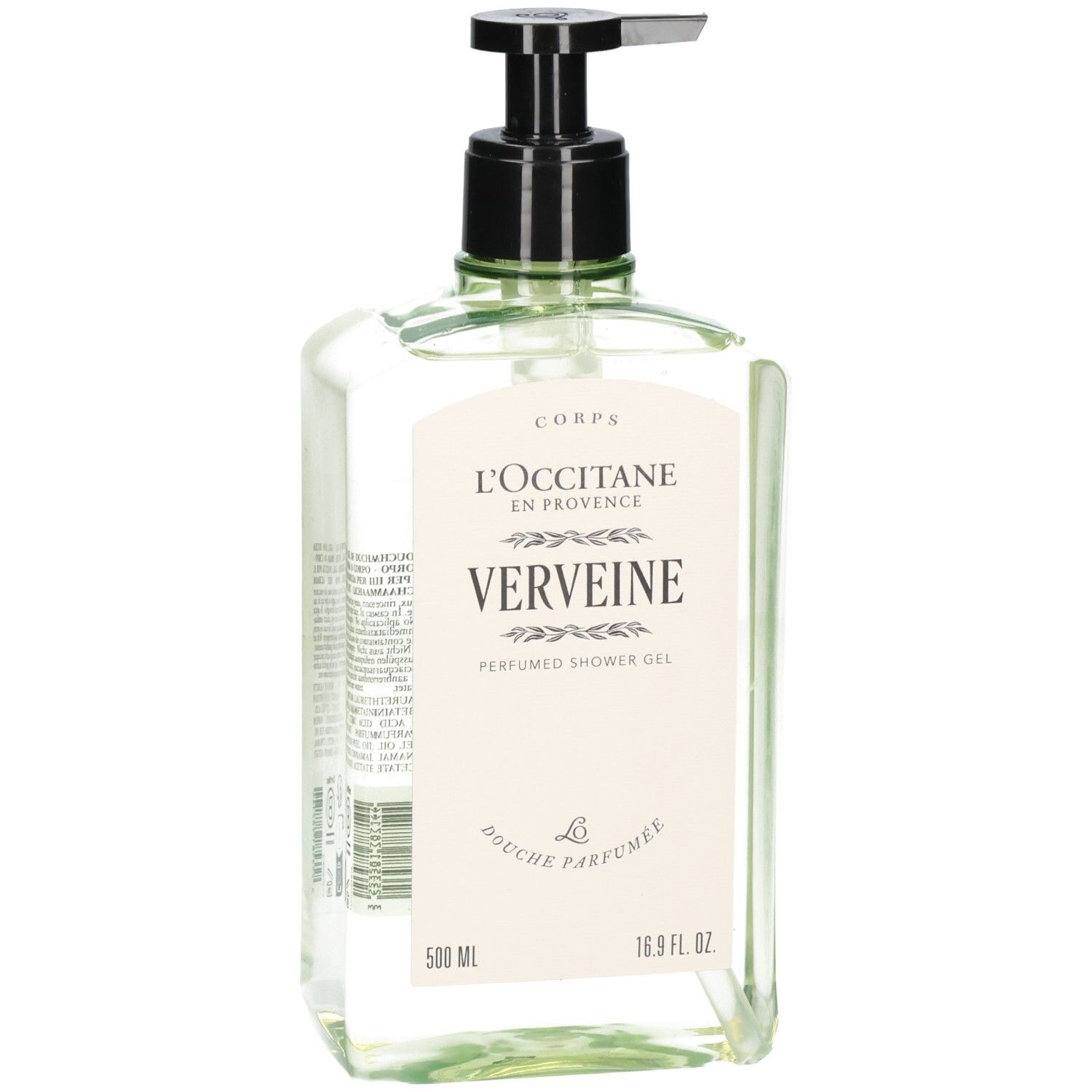 L'Occitane Verveine Duschgel in durchsichtiger Flasche mit schwarzem Pumpspender, 500 ml.