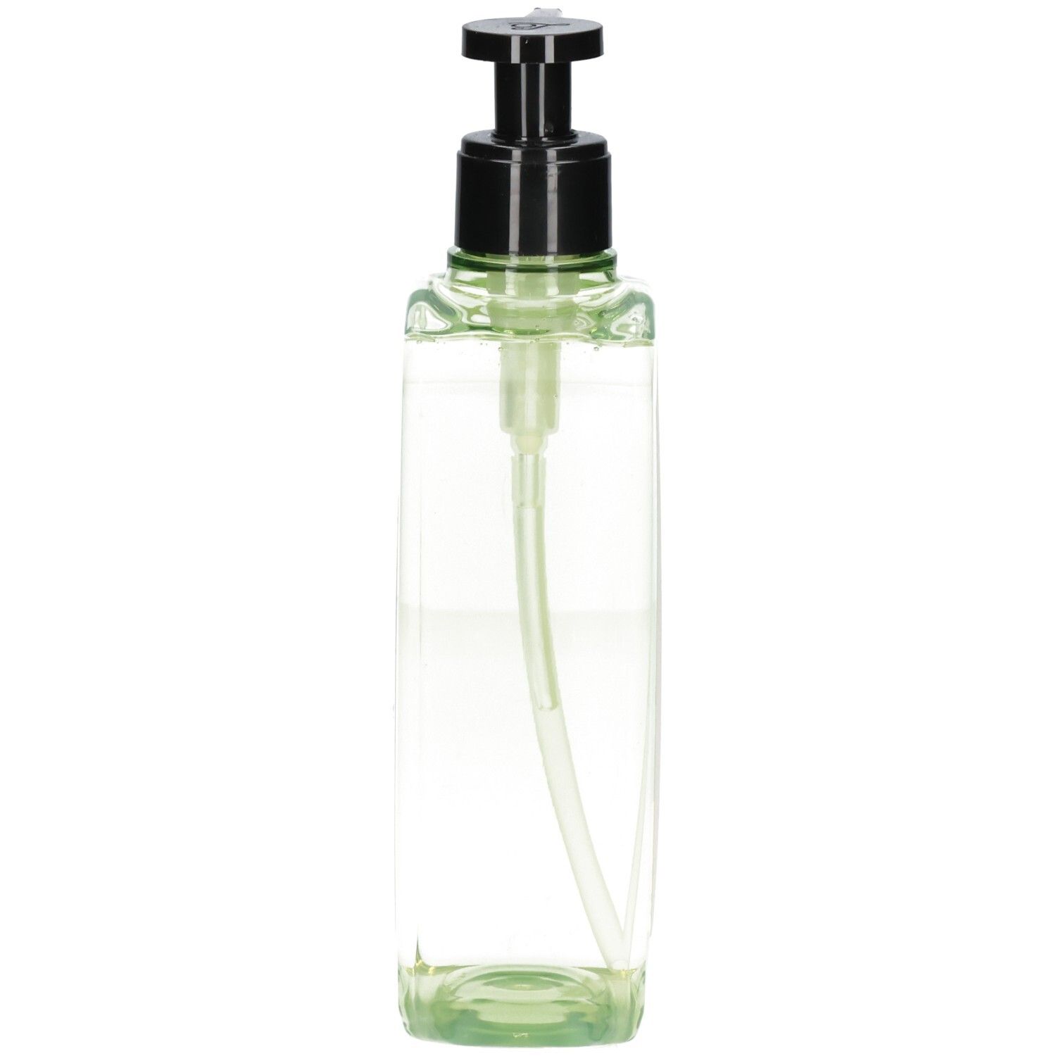 Klare rechteckige Flasche mit schwarzem Pumpspender und transparentem Schlauch.