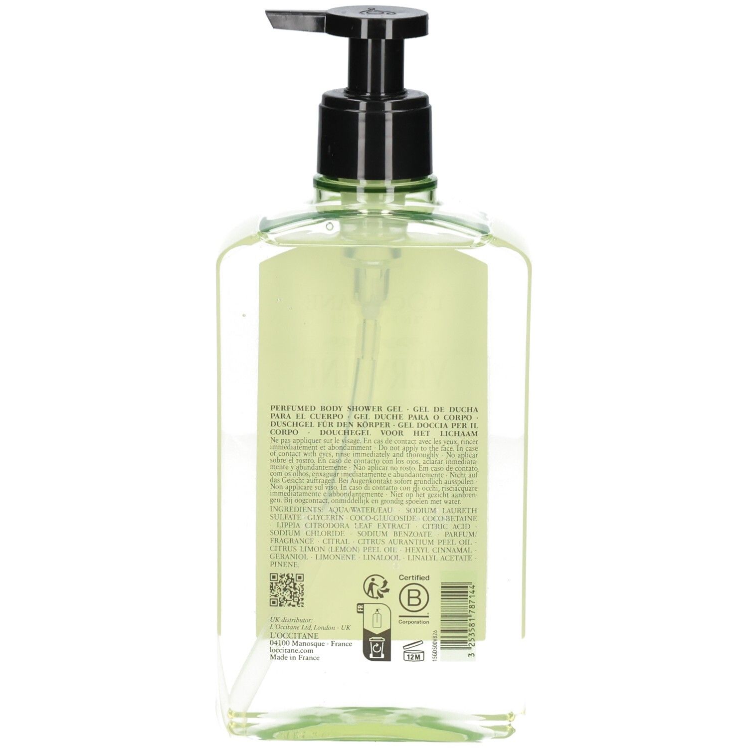 Durchsichtige Flasche mit grünem Duschgel und schwarzem Pumpspender. Enthält Text und ein B-Zertifizierungssymbol.