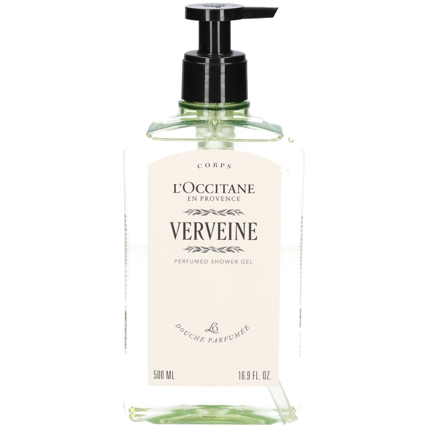 L'Occitane Verveine Duschgel in durchsichtiger Flasche mit schwarzem Pumpspender, 500 ml.