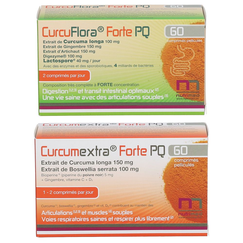 Zwei Schachteln mit Tabletten. Oben: CurcuFlora® Forte PQ. Unten: Curcumextra® Forte PQ. Beide mit 60 Tabletten. Text in Deutsch und Französisch.