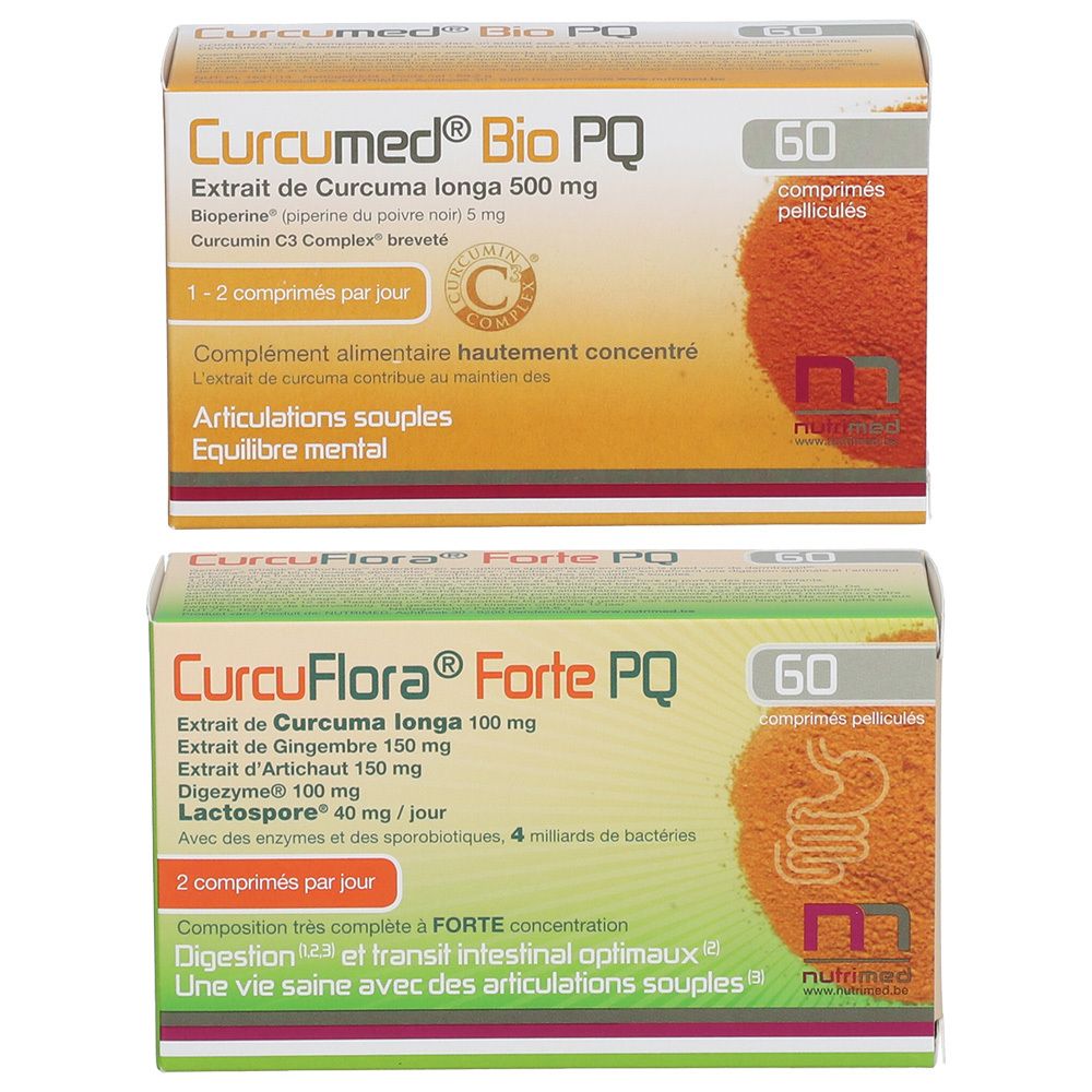 Zwei Schachteln. Oben: Curcumed Bio PQ, 60 Tabletten. Unten: CurcuFlora Forte PQ, 60 Tabletten. Beide mit Inhaltsangaben und Logo.