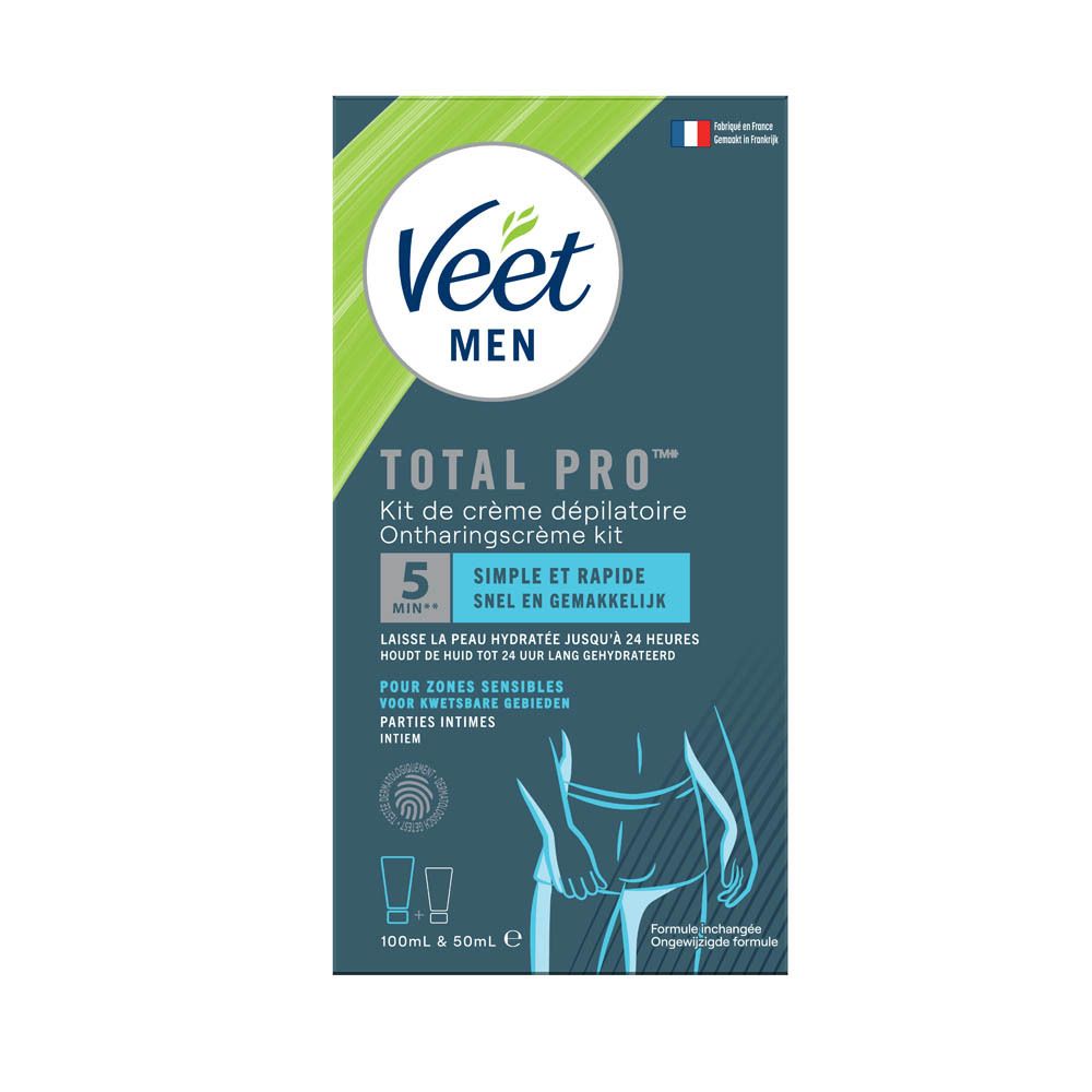 Kit Veet MEN Total Pro. Contient crème dépilatoire et baume après-rasage. Pour zones sensibles. Application rapide.