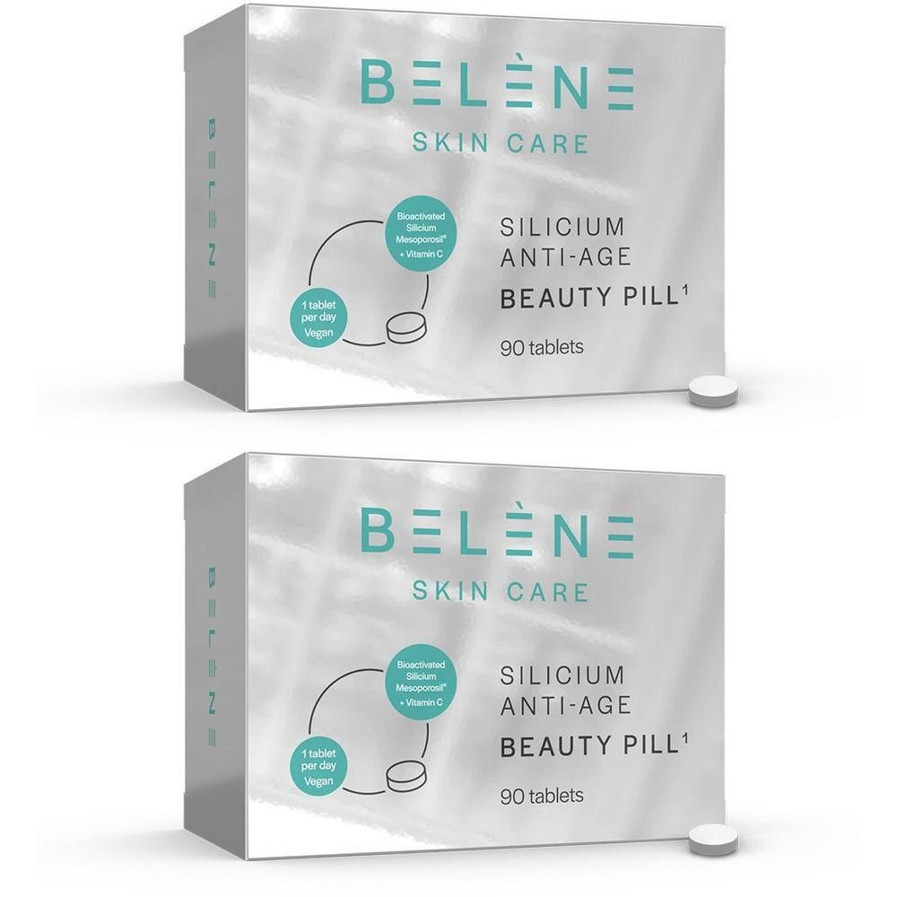 Zwei Packungen BELÈNE Skin Care Silicium Anti-Age Beauty Pillen, je 90 Tabletten. Enthält bioaktives Silicium und Vitamin C.