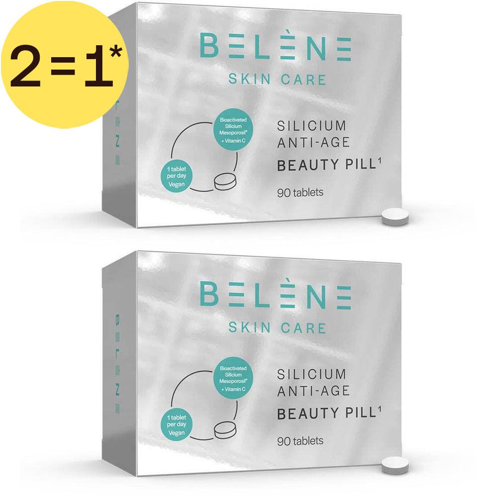 Deux boîtes de BELÈNE Skin Care Silicium Anti-Age Beauty Pill, 90 comprimés. Cercle jaune avec '2=1*'.