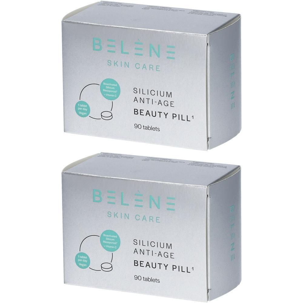 Deux boîtes de pilules de beauté anti-âge au silicium BELÈNE Skin Care, 90 comprimés par boîte.