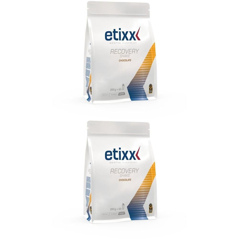 Zwei Beutel Etixx Recovery Shake Schokolade, 280g.