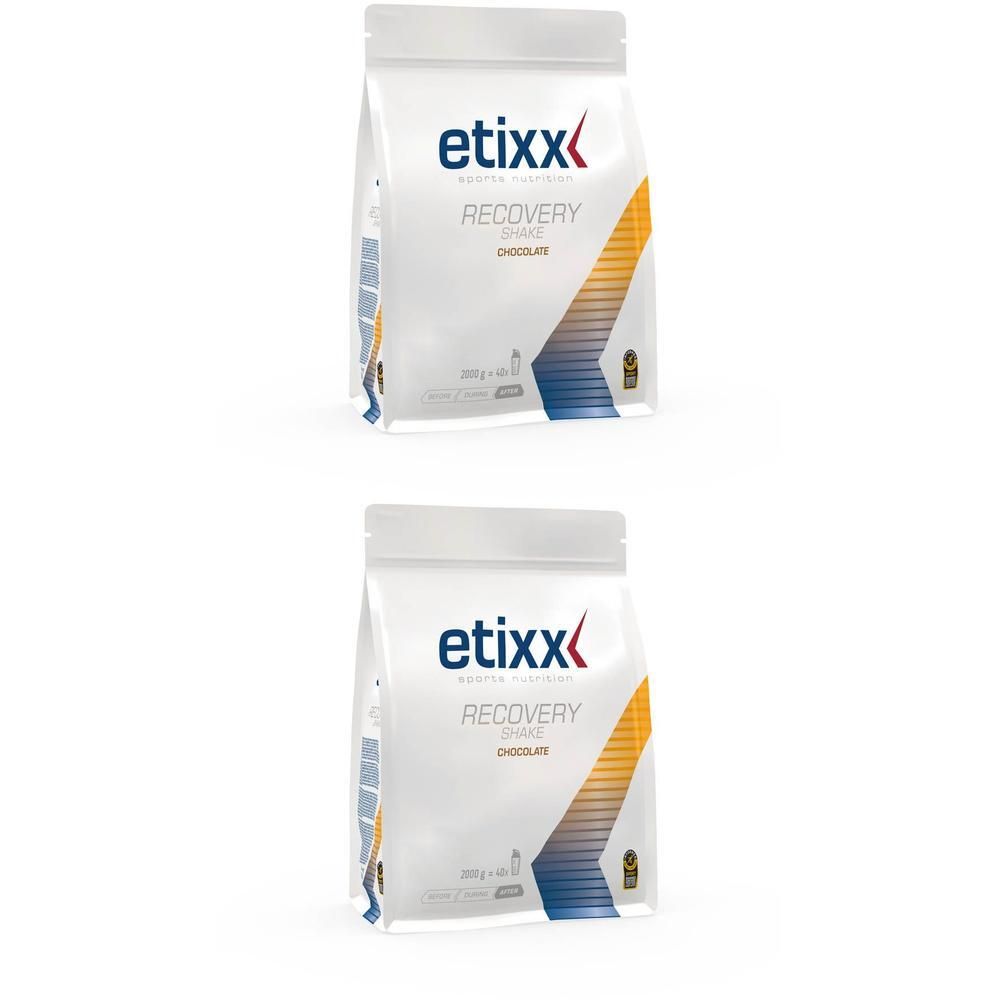 Zwei Beutel Etixx Recovery Shake Schokolade, 200g.