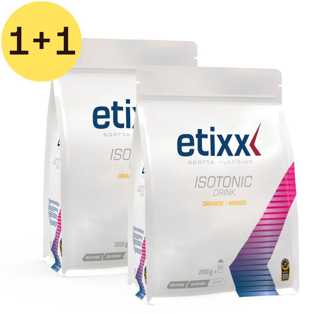 Zwei Beutel Etixx Isotonic Drink Orange/Mango. Aufdruck: 1+1 GRATUIT. Weiße Verpackung mit Logo und Produktbezeichnung.