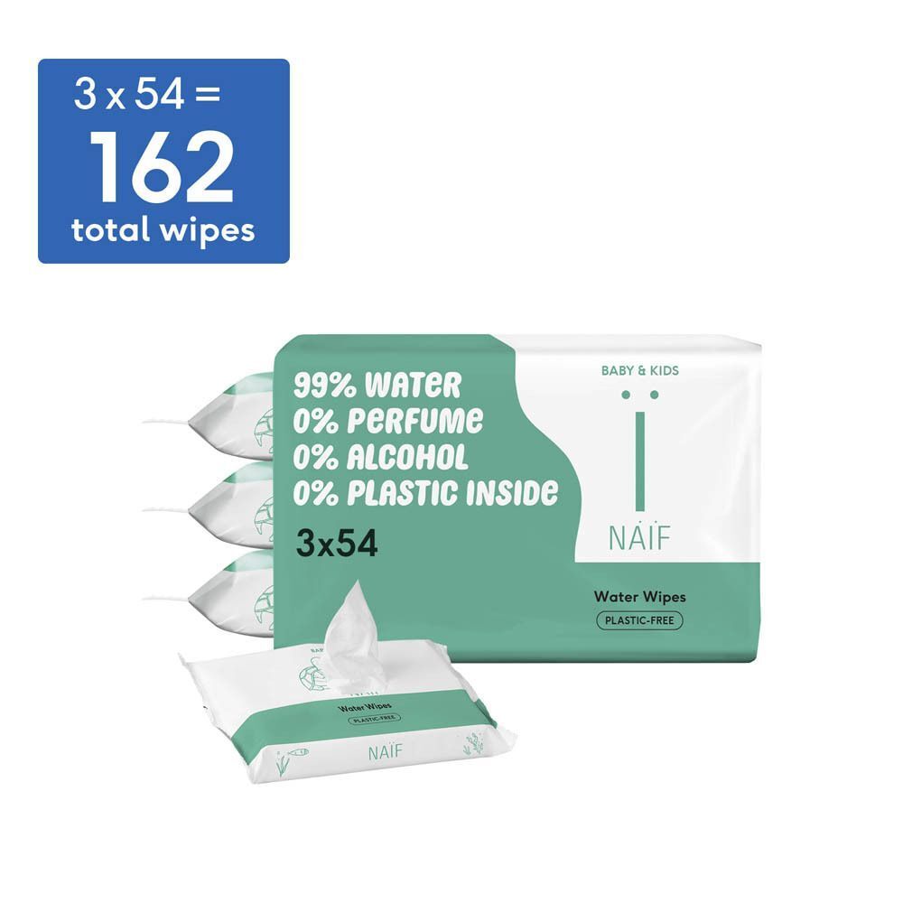 Packung mit 3x54 Feuchttüchern, 99% Wasser, parfümfrei, alkoholfrei, plastikfrei.